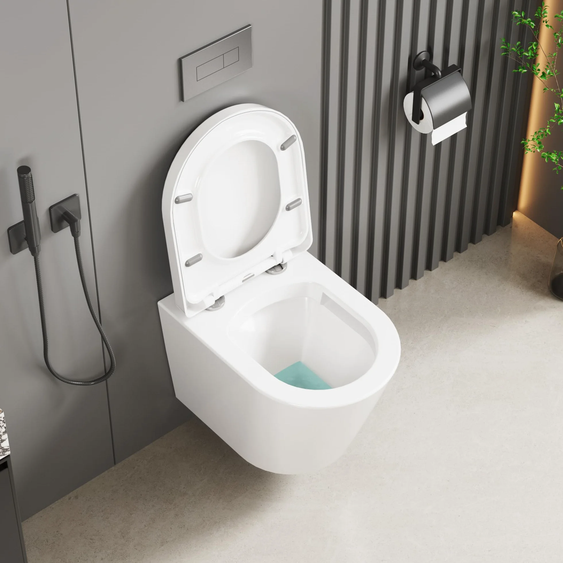 Wisząca toaleta bez krawędzi, ceramiczna toaleta ścienna z pokrywką do toalety, zdejmowana, wolnoopadająca, wydajna technika płukania w kształcie litery D, długość 51 cm, biała