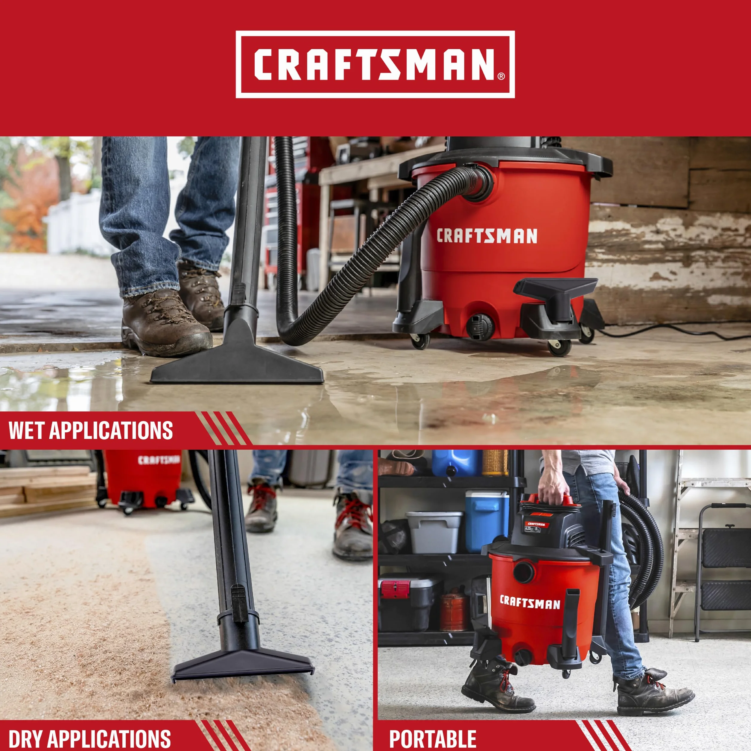 Craftsman CMXEVBE18590 Przenośny odkurzacz ogólnego zastosowania z 3 workami do zbierania kurzu i akcesoriami, kolor czerwony