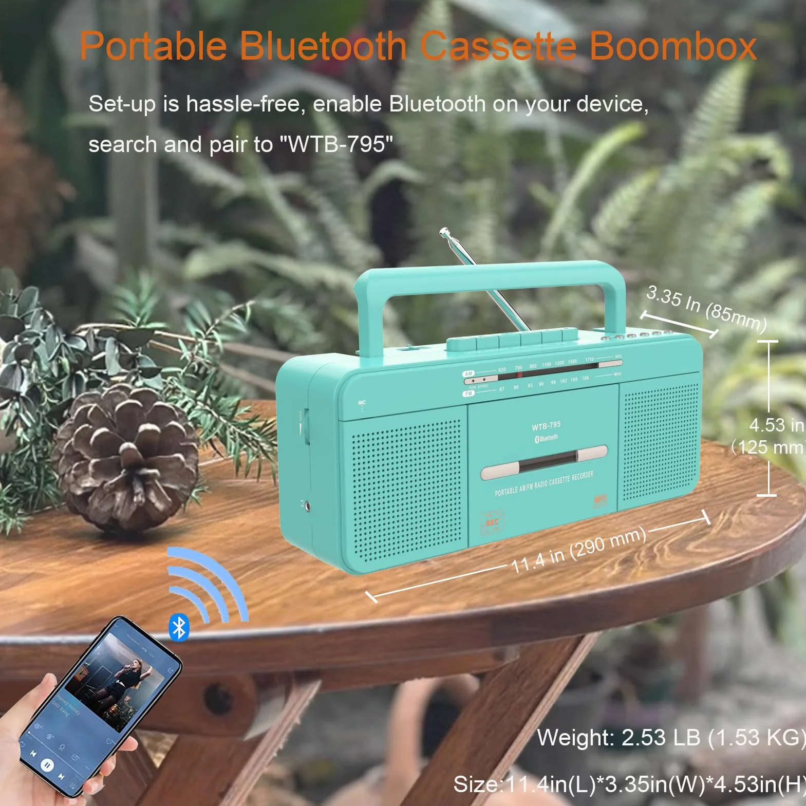 WISCENT Odtwarzacz kasetowy USB Bluetooth AM/FM Radio stereo, konwerter na MP3, głośniki 3", przenośny