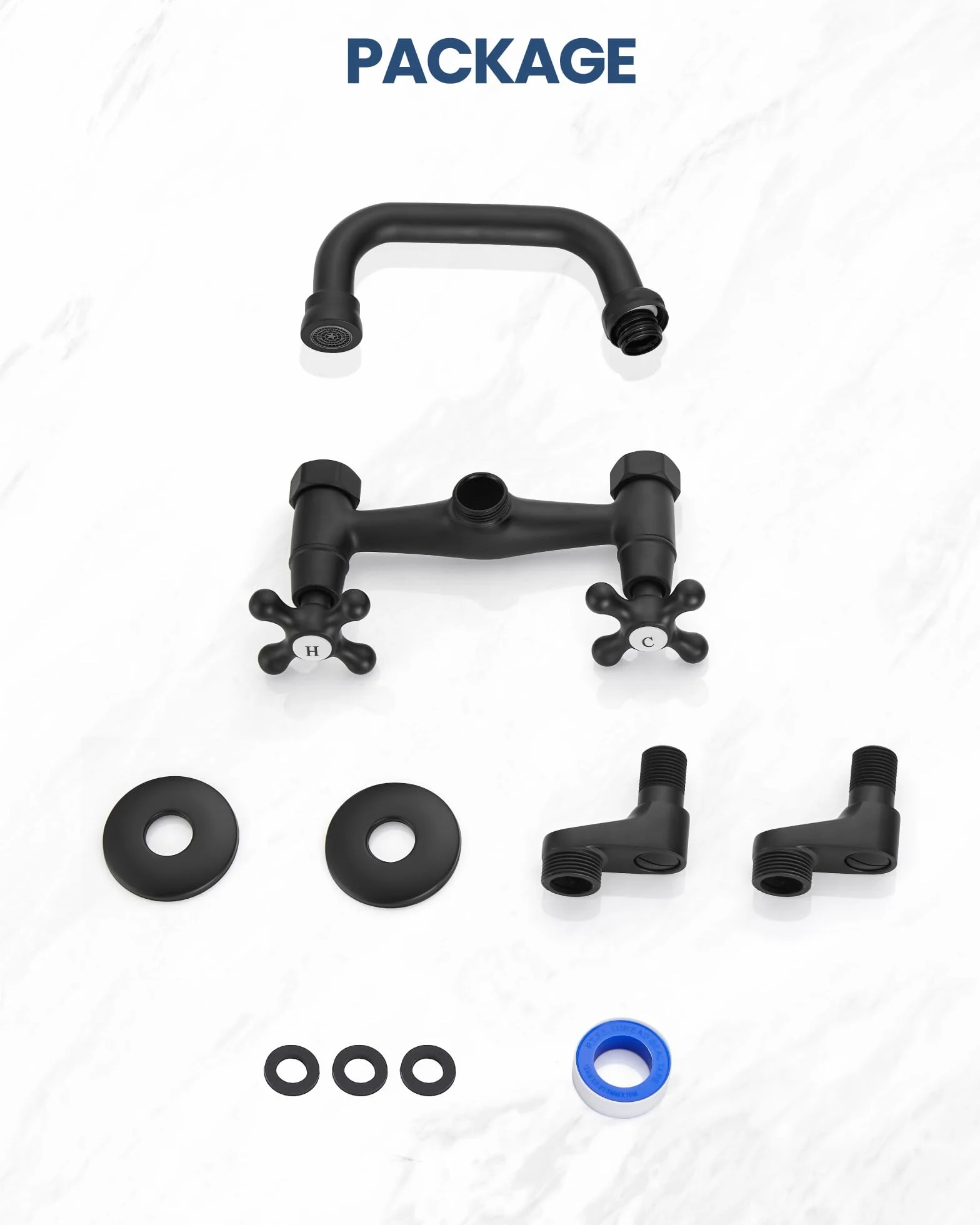Airuida Matowy czarny ścienny kran do zlewu kuchennego 6 cali (15 cm) wylewka zasięg regulowany środek podwójne uchwyty krzyżowe 7 cm do 23 cm bateria mieszająca ciepła i zimna woda 360 obrotowy kran