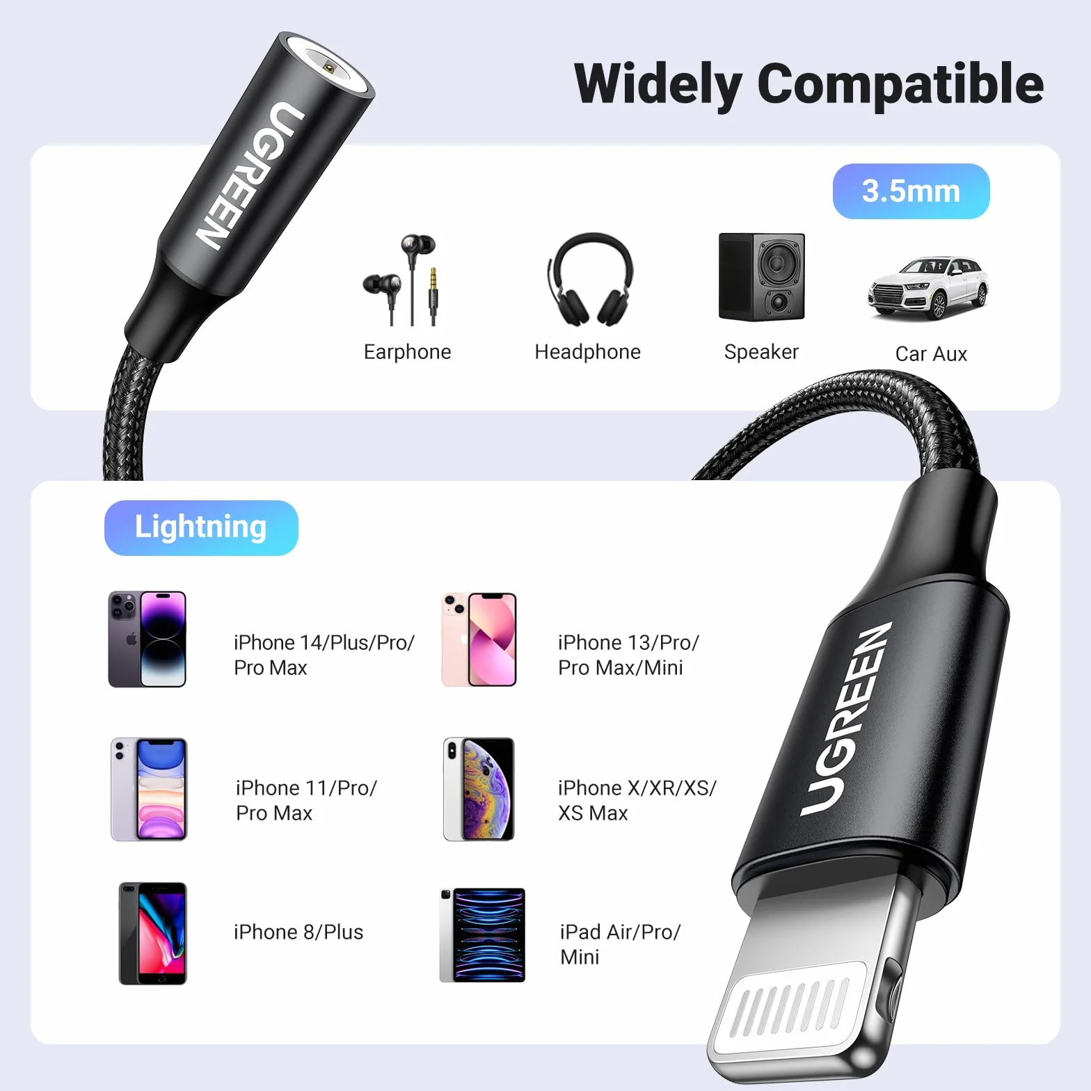 UGREEN Aux Audio Adapter Lightning do 3,5 mm Certyfikat MFI Adapter Jack kompatybilny z iPhone 13/13 Pro/ 13 Pro Max/ 13 Mini/ 12 (Czarny)