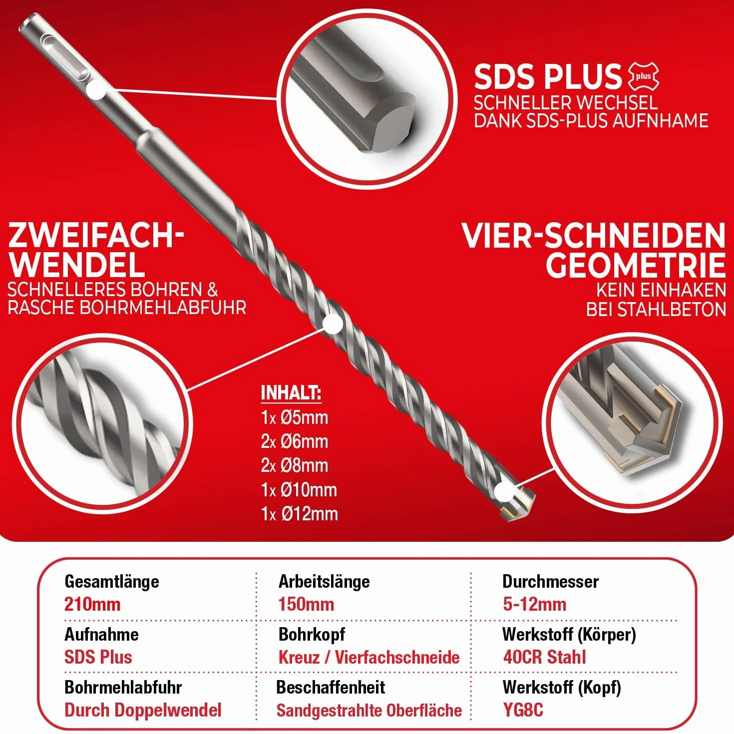 SCHWABENBACH® SDS PLUS 7-częściowy zestaw wierteł do betonu - Super SDS zestaw wierteł - 5 6 8 10 12 x 210 mm - wiertło do kamienia kompatybilne z wiertarką udarową Bosch Hilti - jakość premium do