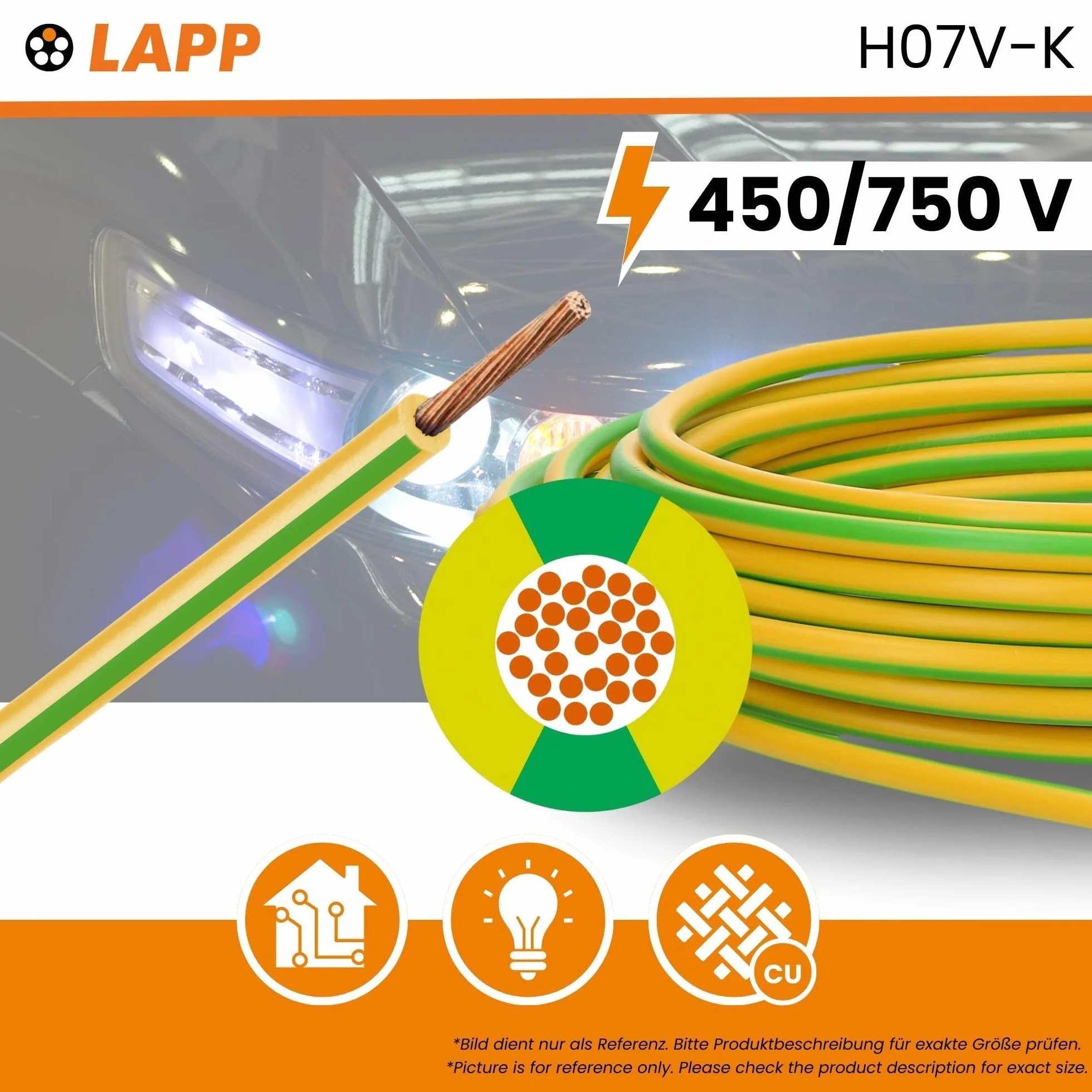 10 metrów Lapp 4520005 H07V-K 10 mm² zielono-żółty I przewód uziemiający I przewód okablowania I elastyczny przewód żyłowy I pojedyncza żyła PCW I żyła 10 mm2 I okablowanie