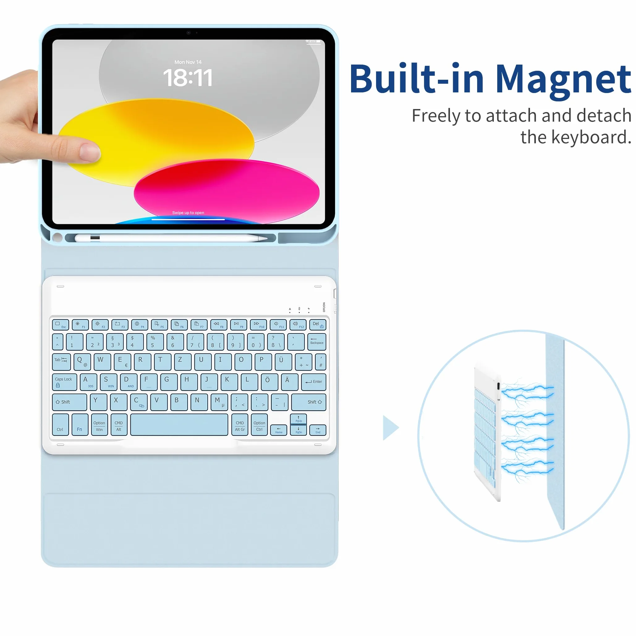 EasyAcc niemieckie etui na klawiaturę QWERTZ kompatybilne z iPad, Bluetooth, niebieskie