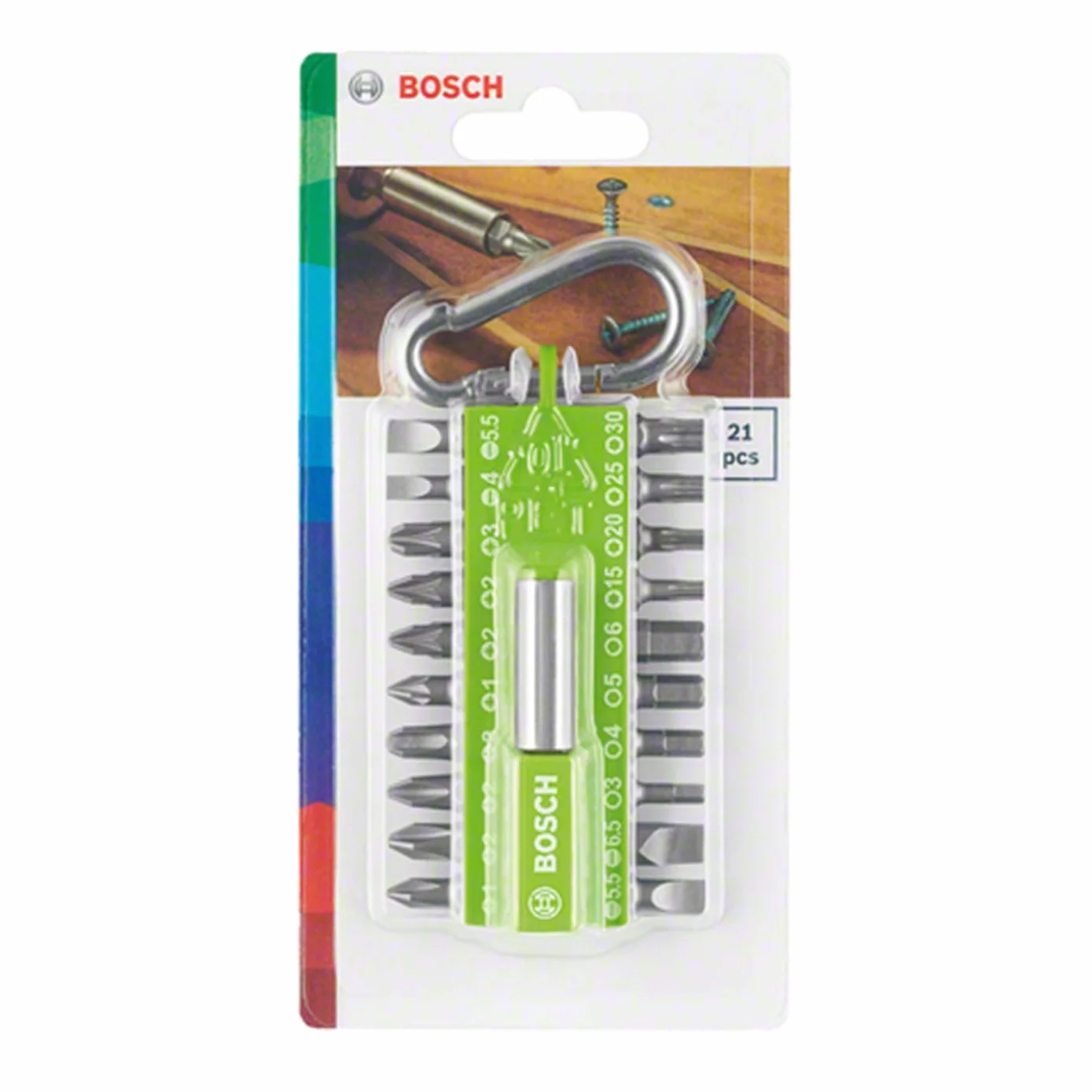 Bosch 21-częściowy zestaw bitów do wkrętarki, kolor zielony (z uniwersalnym uchwytem do bitów, karabińczykiem, akcesoria do wkrętarki akumulatorowej)