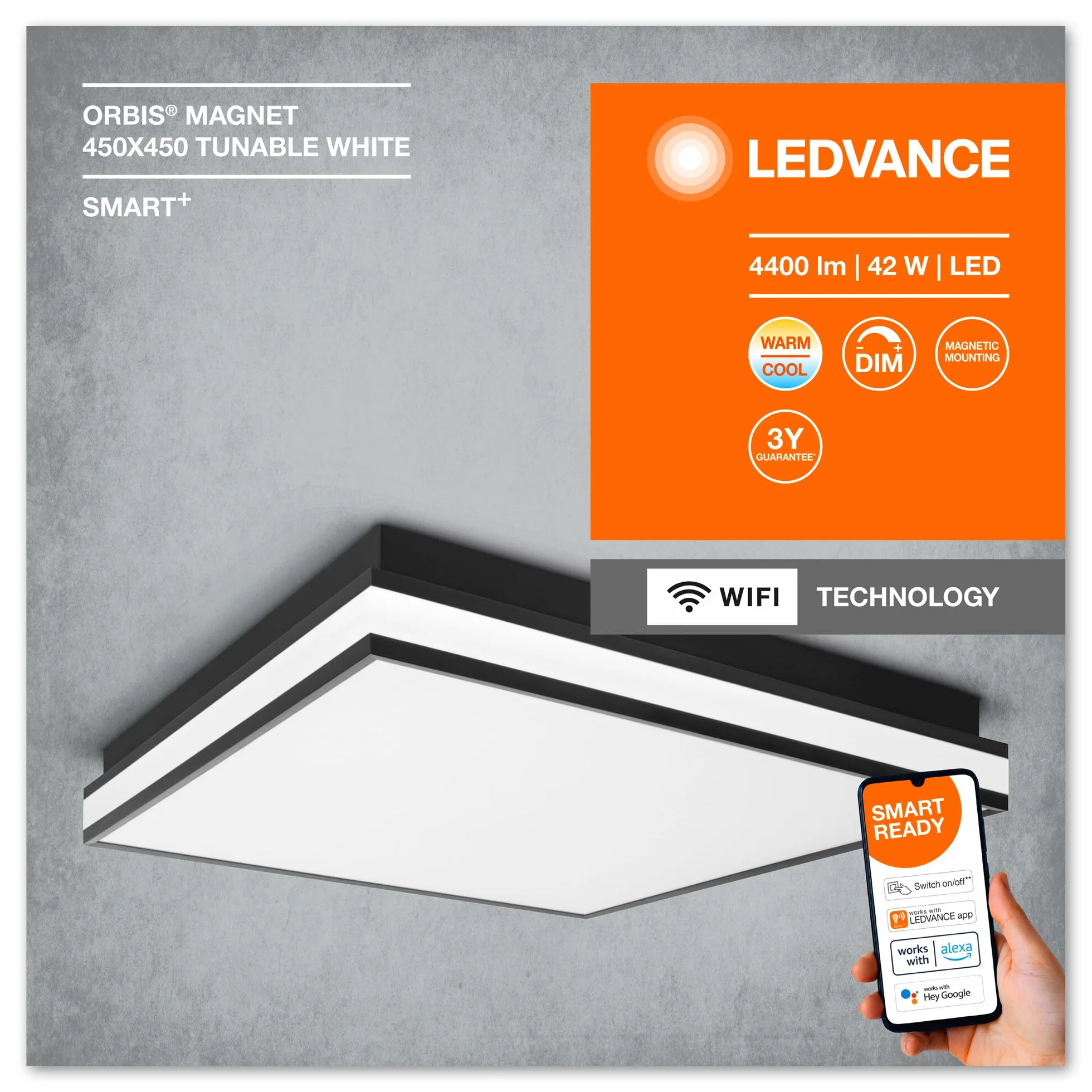 LEDVANCE Oprawa oświetleniowa: for sufit, DECORATIVE CEILING WITH WIFI TECHNOLOGY / 42 W, 220…240 V, kąt rozsyłu światła: 110°, Program Tunable White, 3000…6500 K, materiał: steel, IP20