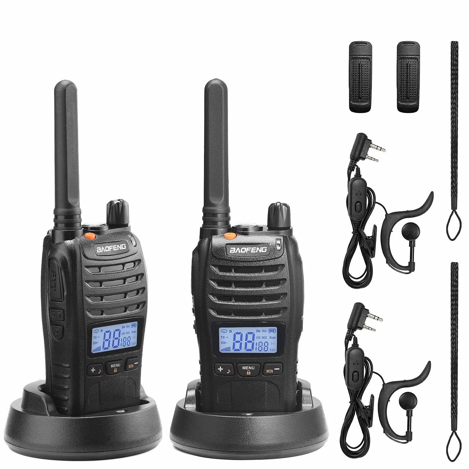 BAOFENG BF-88ST Pro PMR446 Walkie Talkie, ulepszone, dalekiego zasięgu, ładowalne, dwudrożne radia z wyświetlaczem LCD, podwójny zegarek VOX, ładowarka biurkowa i słuchawki, 2 szt