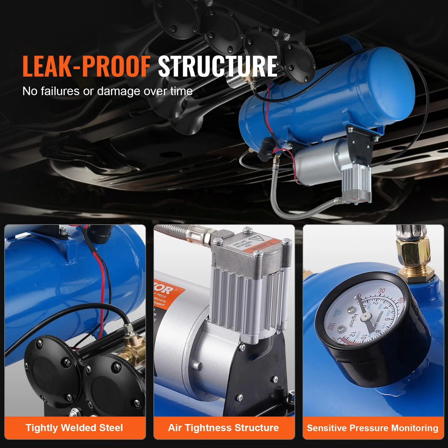 VEVOR Zughorn sprężarka powietrza ze zbiornikiem 6 l, 12 V, zestaw kompresorów powietrza 90-120 psi, zintegrowany system sprężarki powietrza do pompowania opon, ciężarówek, SUV-ów itd. Niebieski