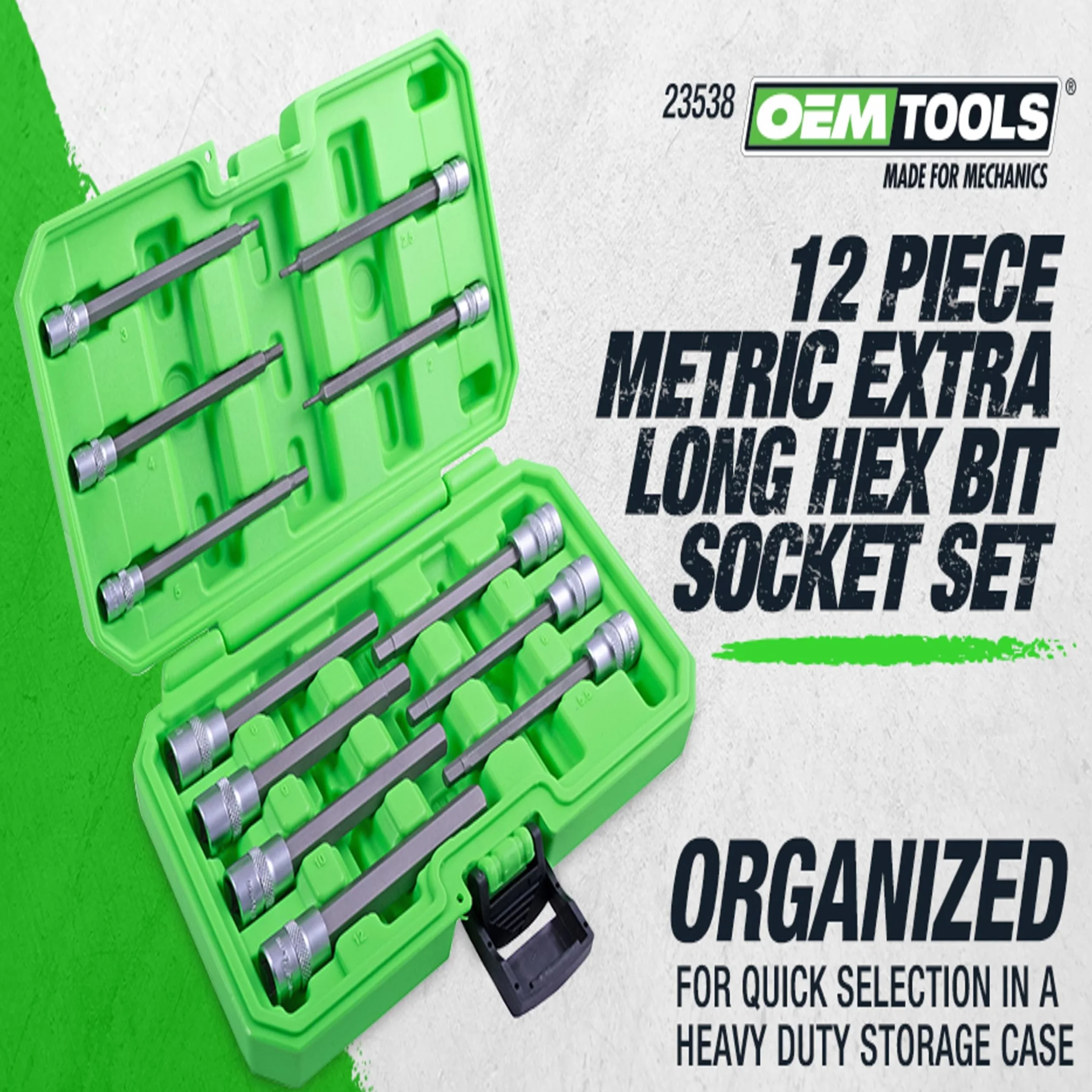 OEMTOOLS 23538 12-częściowy zestaw nasadek sześciokątnych (metrycznych), zestaw kluczy imbusowych, bardzo długie metryczne gniazda imbusowe, zestaw nasadek imbusowych o długim zasięgu