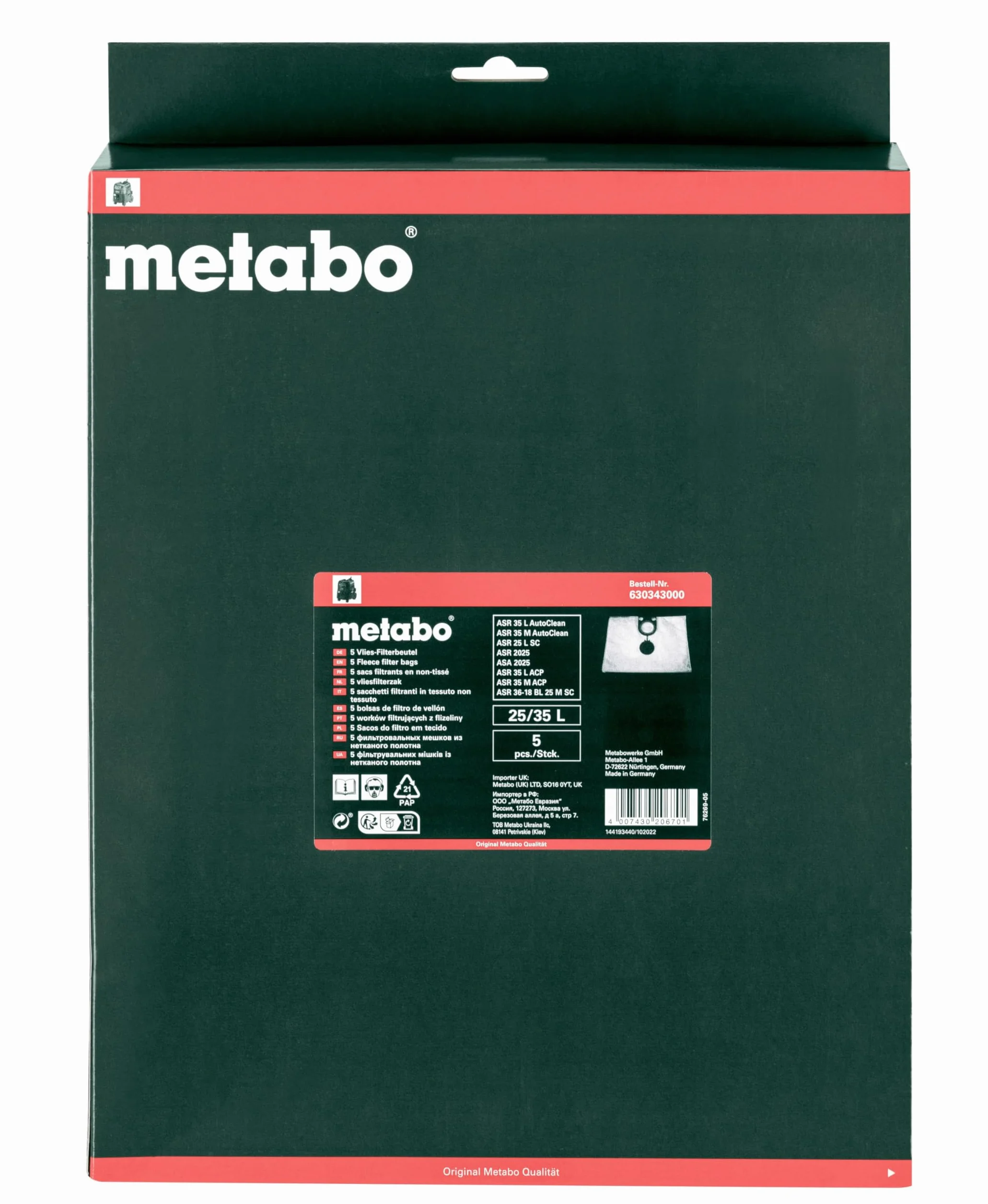 Metabo 5 worków filtracyjnych z włókniny 25/35L – Do odkurzaczy ASR 25/35 L, ASA 25 L – Worki na pył drobny, trwałe i wytrzymałe – Idealne do prac szlifierskich i wiercenia