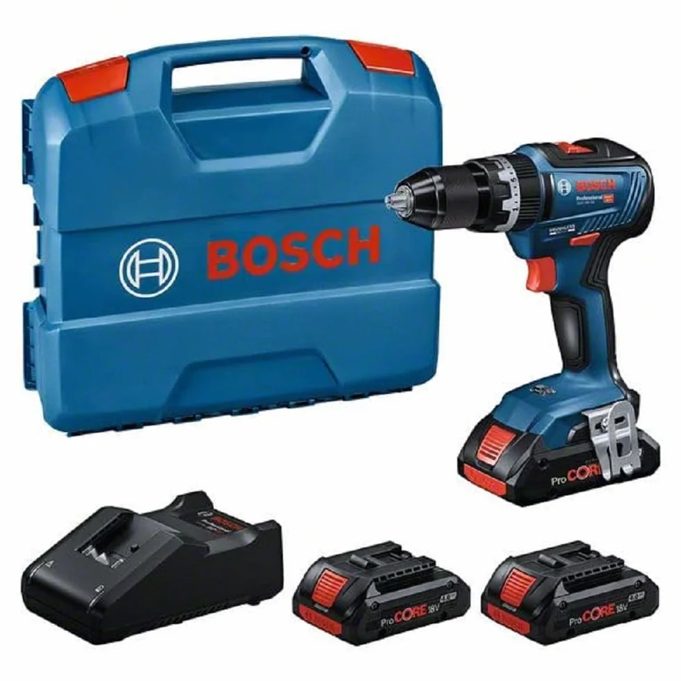 Bosch Professional GSB 18 V-55 akumulatorowa wiertarko-wkrętarka udarowa 18 V (maks. moment obrotowy 55 Nm, w zestawie 3 x 4,0 Ah akumulator Procore, szybka ładowarka GAL 18V-40, L-Case)
