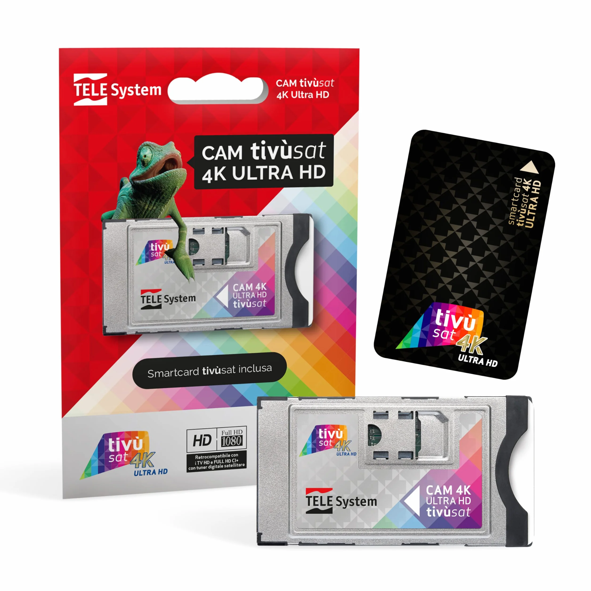 TELE System Tivùsat 4K Ultra HD certyfikowana kamera do oglądania kanałów w wysokiej rozdzielczości i 4K. Slot Cam do telewizora i dekodera, aktywna karta inteligentna w zestawie. Seria A z DAZN na