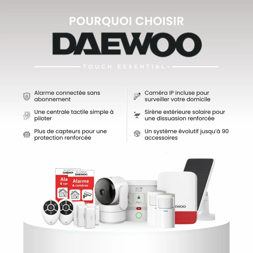 Daewoo Security Touch Essential+ - Alarm domowy bez abonamentu z kamerą HD, syreną słoneczną, 4 czujniki drzwi, 2 czujniki ruchu - kompatybilny z Alexa i Google Home
