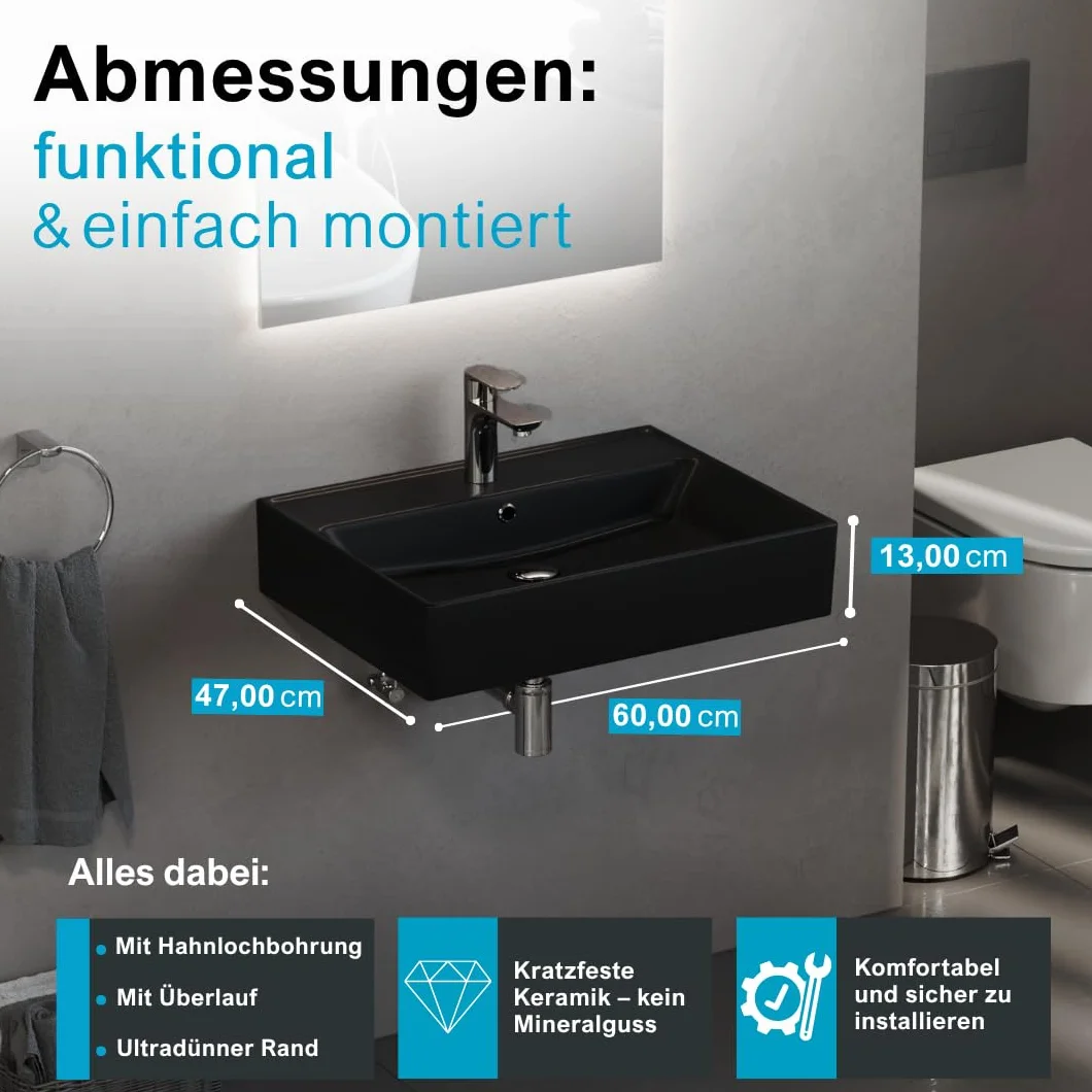 Aqua Bagno czarna matowa umywalka ceramiczna 60 cm – prostokątna umywalka nablatowa z otworem na baterię, nowoczesna, do łazienki i toalety