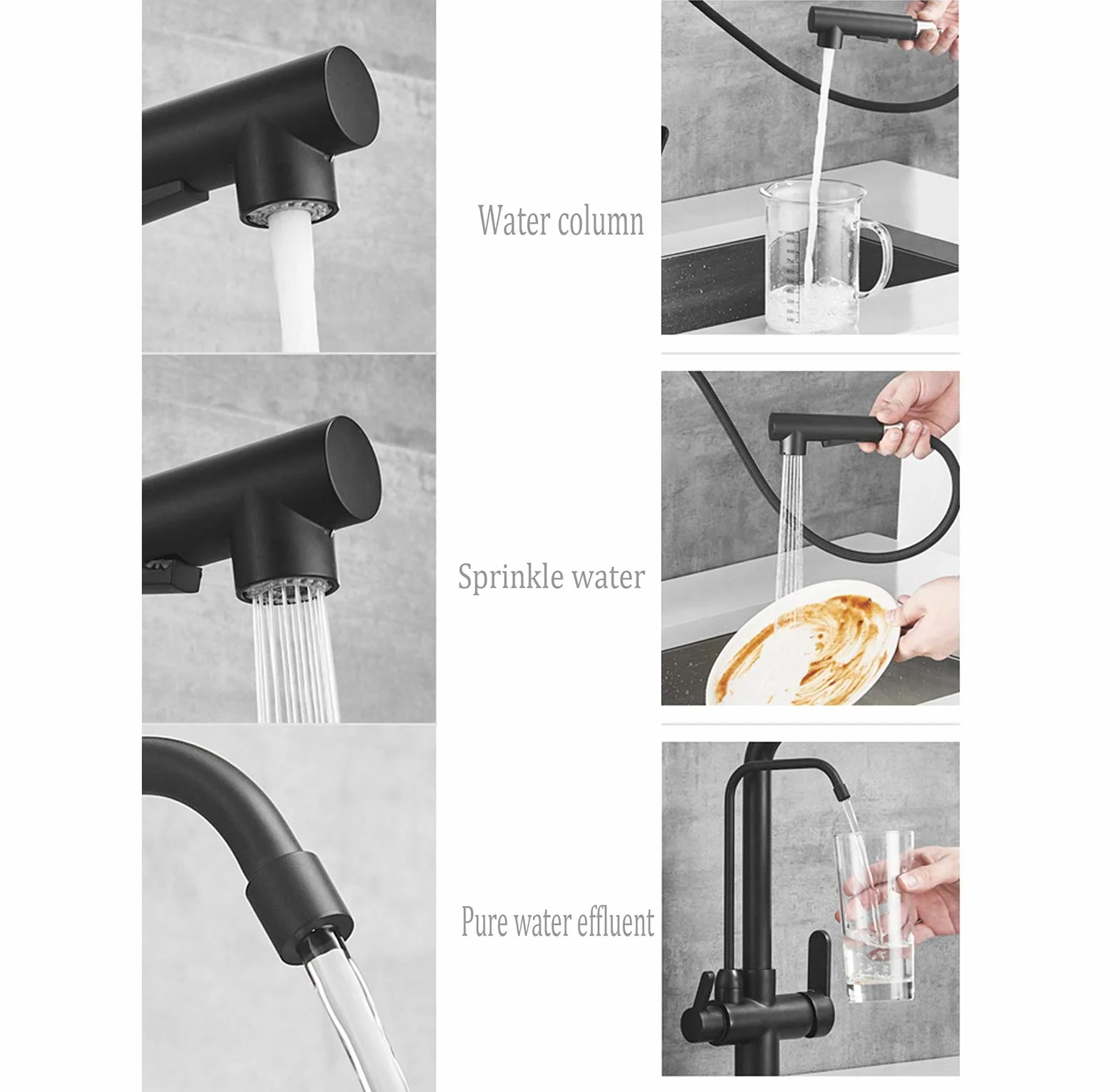 3-drożne baterie kuchenne z kranem filtrującym wodę pitną, wyciągany spray, czarny