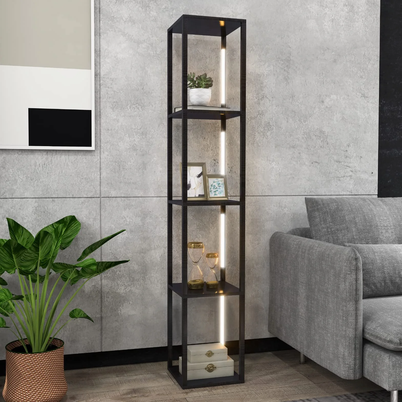COSTWAY Lampa stojąca 163 cm, nowoczesna, regał do odkładania z 3-stopniowymi ściemnianymi diodami LED i obrotowymi drążkami, lampa stojąca z przełącznikiem nożnym do salonu, sypialni, czarna