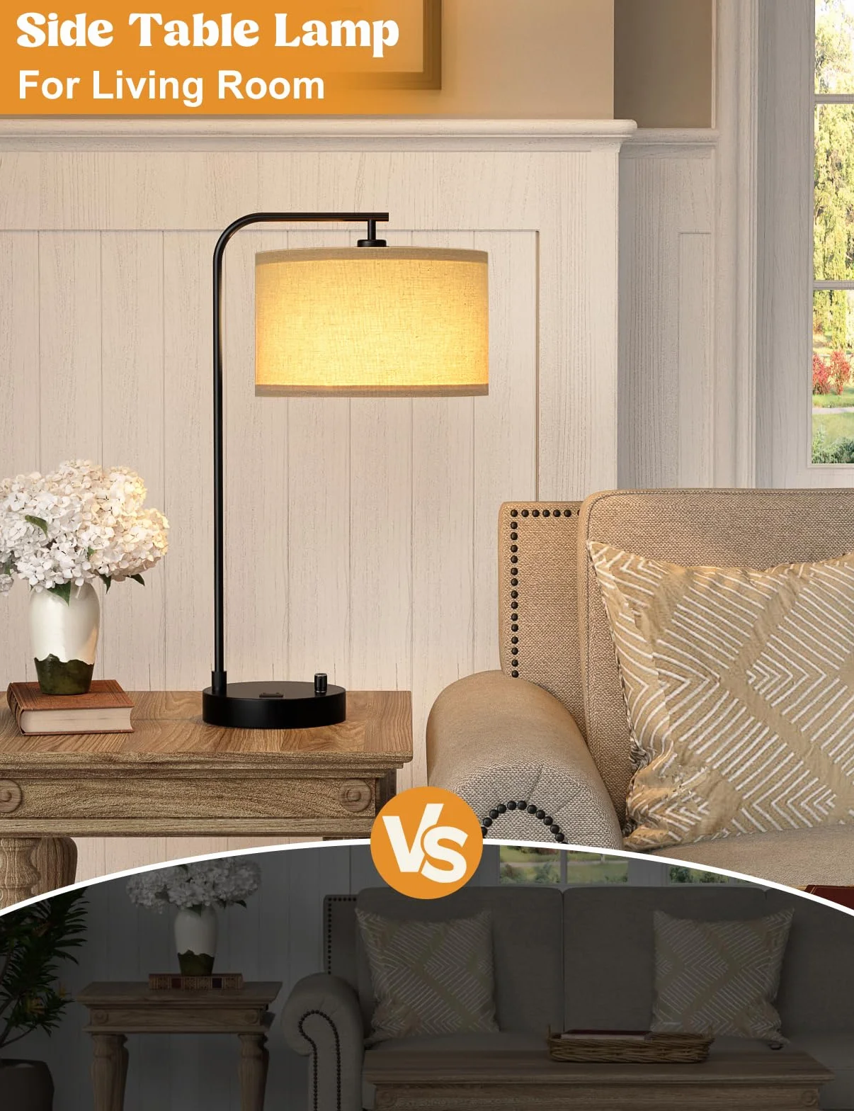 Wysoka lampa stołowa z portem USB i gniazdkiem, ściemniana lampka nocna z lnianym kloszem, lampa biurkowa do sypialni, salonu, pokoju gościnnego, domowego biura, żarówka LED w zestawie