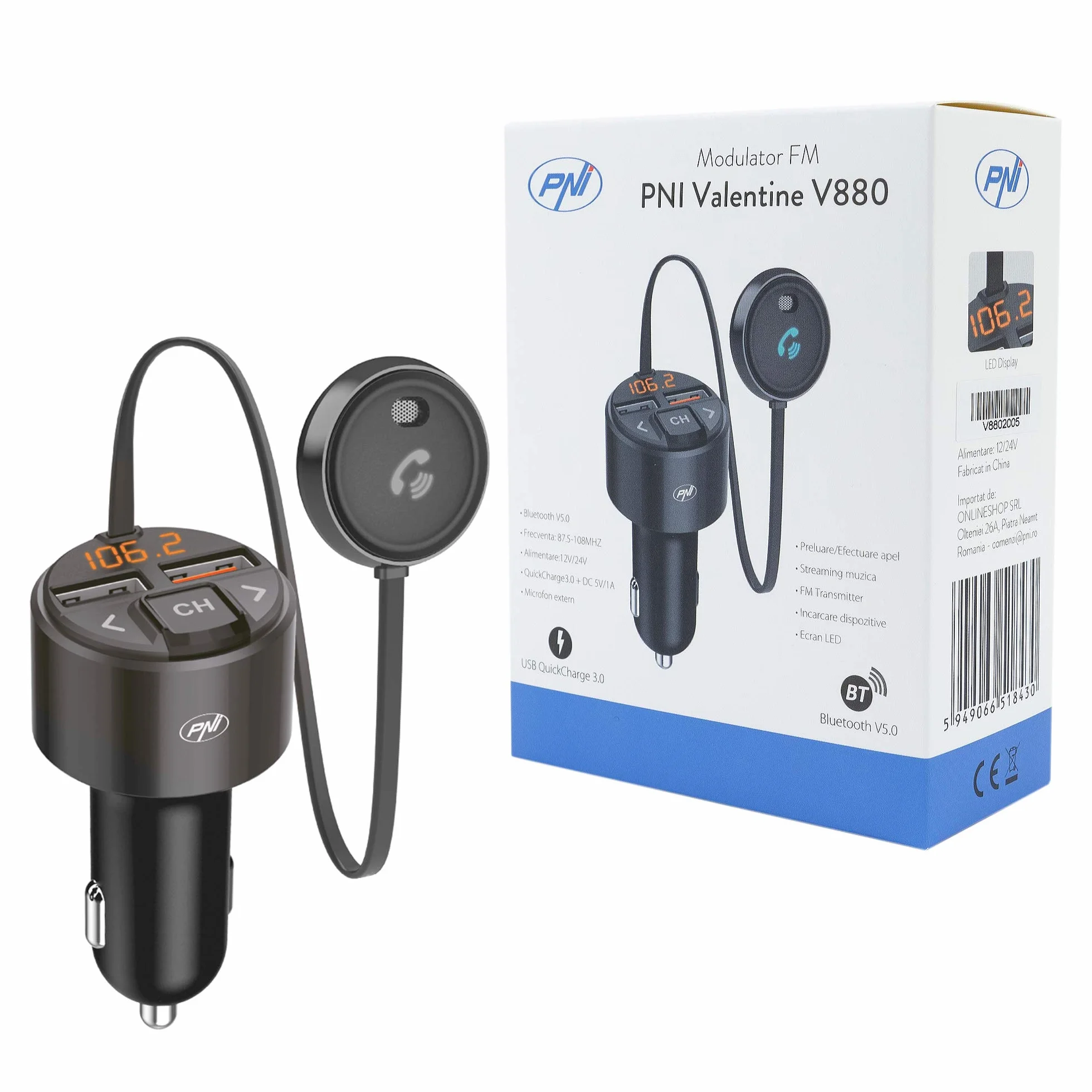 PNI PNI-V880 Valentine V880 modulator Bluetooth 5.0 MP3 odtwarzacz nadajnik FM USB QC3.0