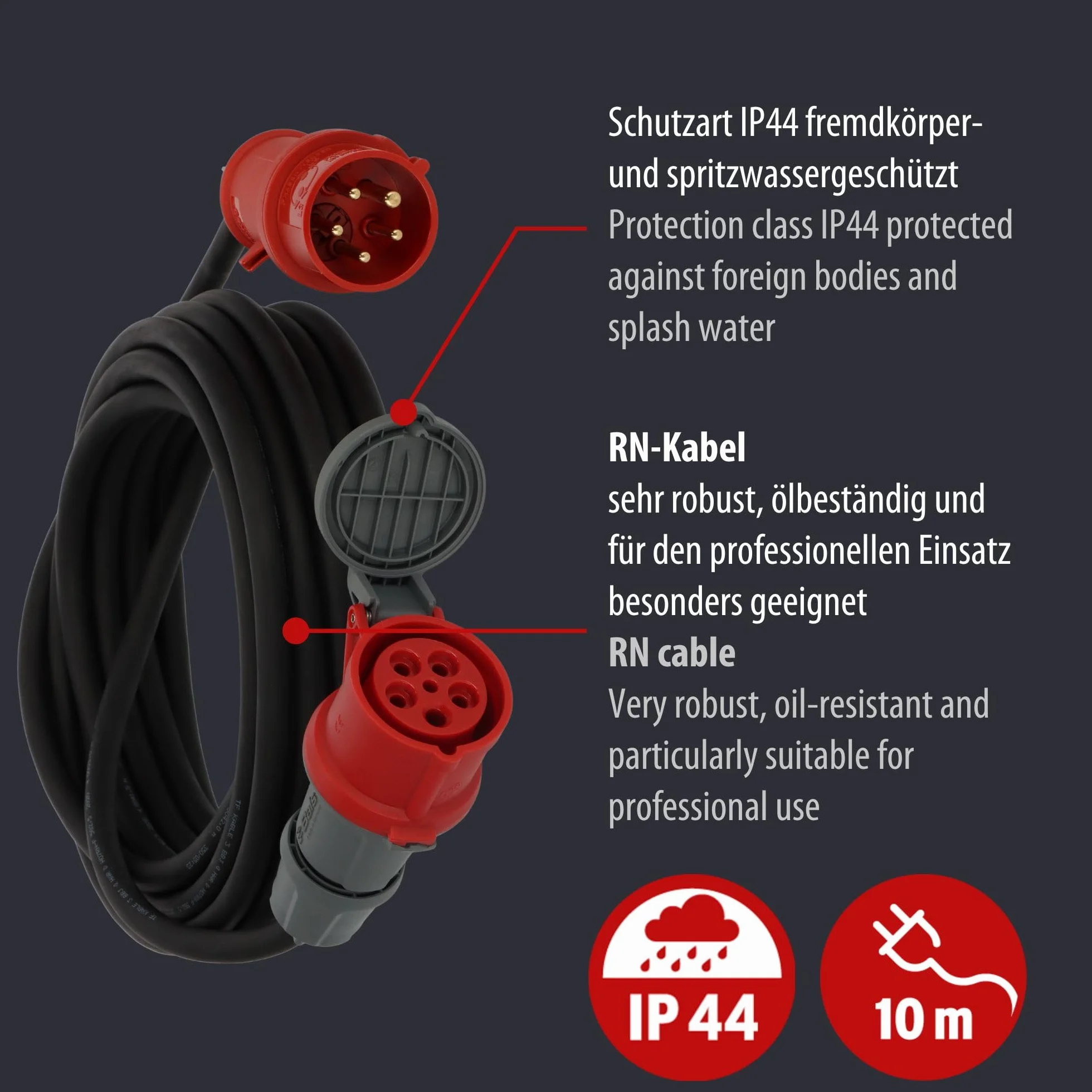 Brennenstuhl Professional Przedłużacz CEE z przetwornikiem fazy IP44 (10m kabel, H07RN-F 5G2,5, 5-biegunowy z przetwornikiem fazy CEE i sprzęgłem, do użytku zewnętrznego IP44, Made in Germany) czarny