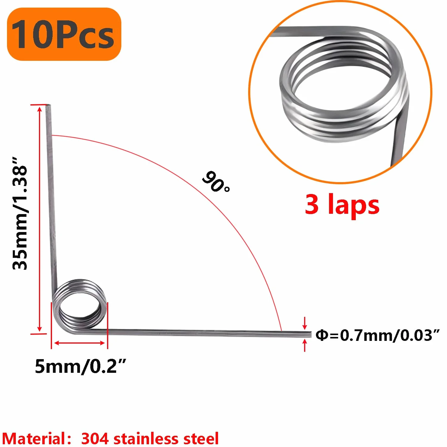 Qrity 10 sztuk Sprężyna Skrętna Ze Stali Nierdzewnej, Średnica drutu 0,7mm, 5 OD, 3 okrążenia, 90 stopni
