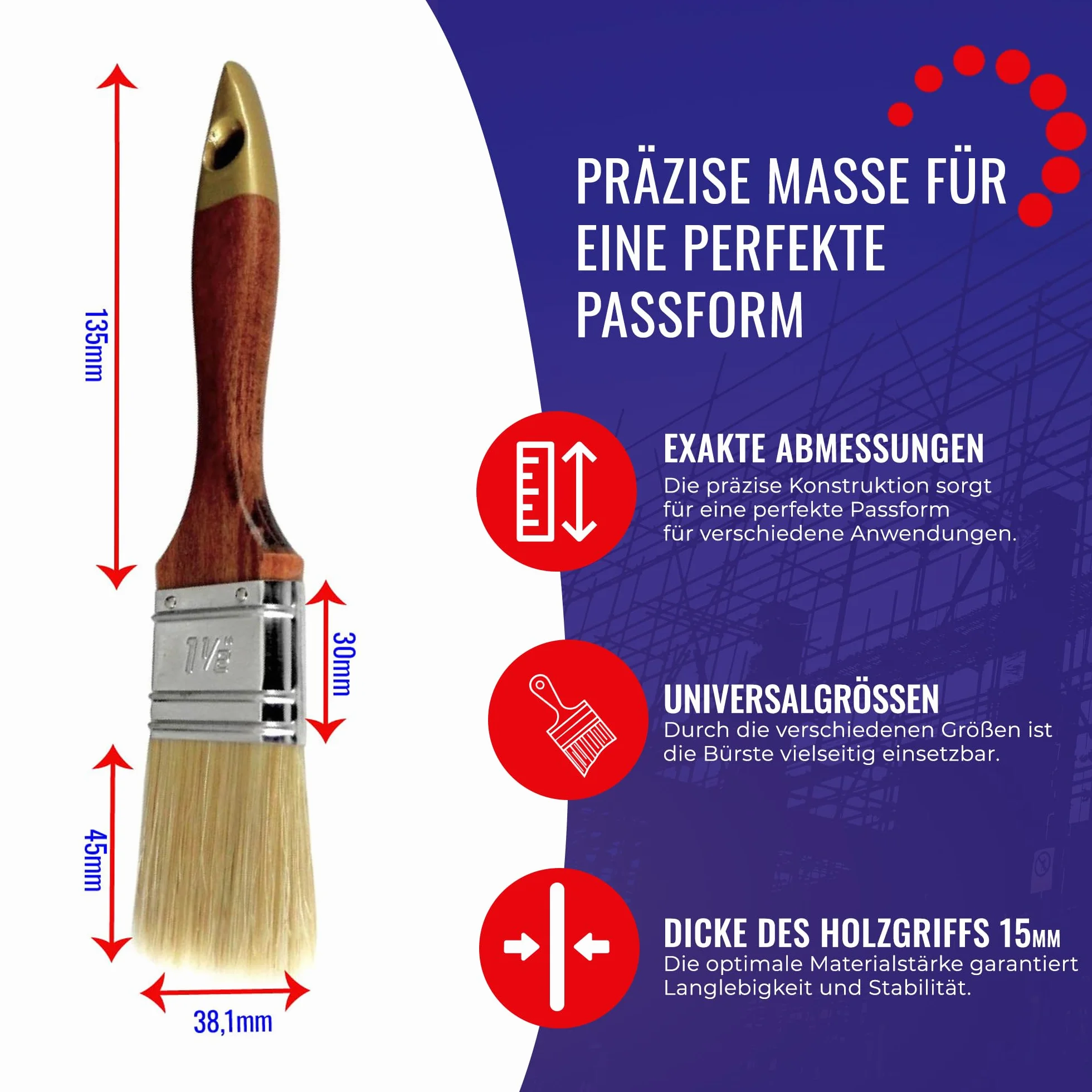 Chle-Mar 10x Pędzel malarski Pro (płaski) 1,5", Szeroki pędzel | Drewniany uchwyt lakierowany, do lakieru i oleju, do farb i bejc, Malowanie drewna oraz ścian