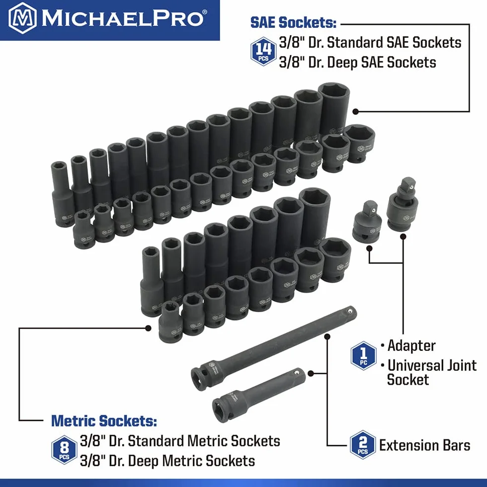 MichaelPro MP005035 Zestaw nasadek udarowych 3/20.3 cm, metryczne i standardowe rozmiary SAE (od 5/40.6 cm do 3/10.2 cm i 8 do 24 mm), 48-częściowy zestaw gniazd standardowych i głębokich, CR-MO