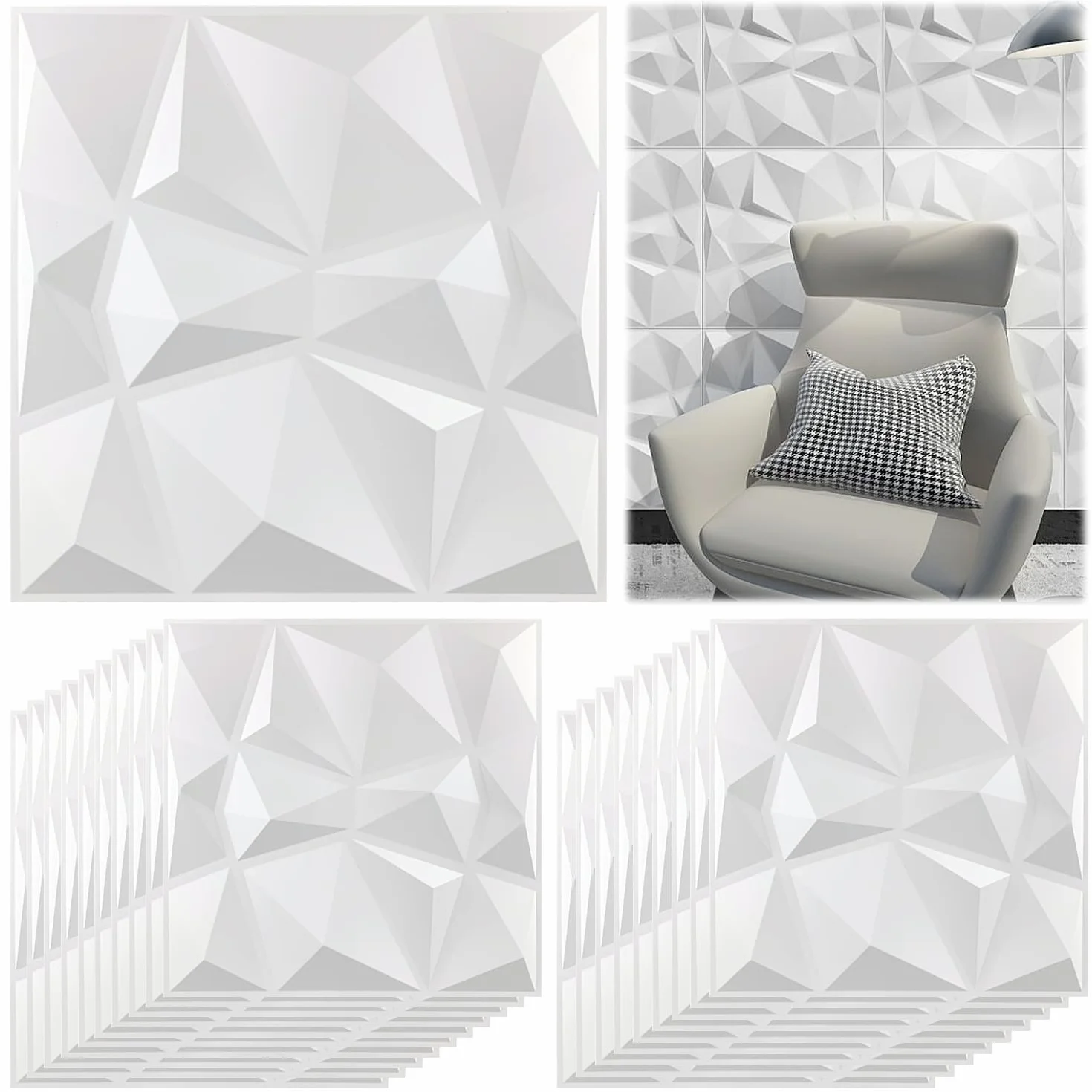 20 paneli ściennych 3D, 30 × 30 cm, do pokoju gier, sufit, efekt diamentu 3D, panele PVC do dekoracji wnętrz i na zewnątrz, matowa biel, nieodkształcalne, wodoodporne, odporne na ciepło, bezwonne