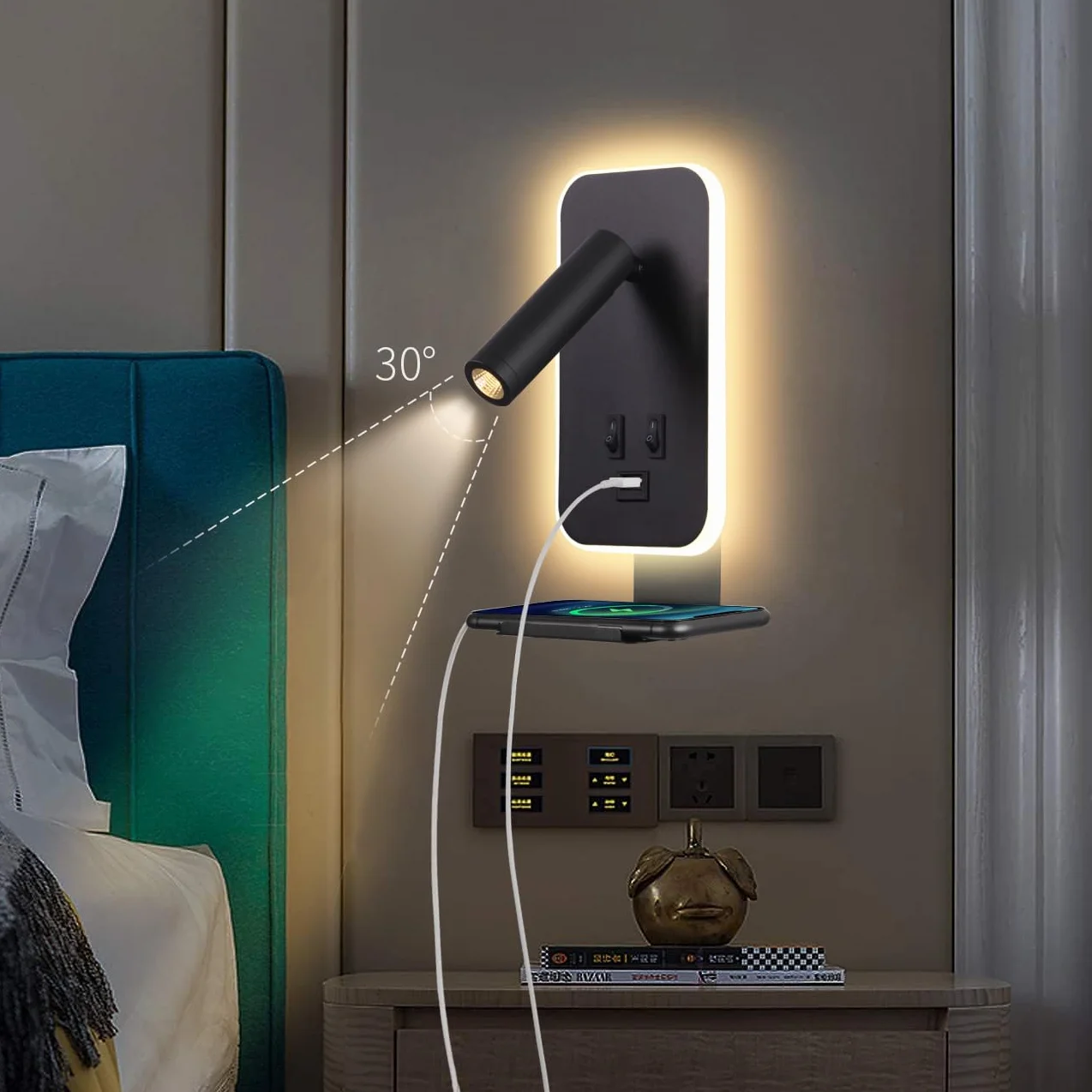 Nowoczesna lampa ścienna LED, 3W lampa do czytania, Met USB-oplaadpoort en telefoonhouder,obracana o 350°, 9W lampa ścienna LED, z przełącznikiem, do sypialni, salonu, gabinetu,3100K (Czarny)