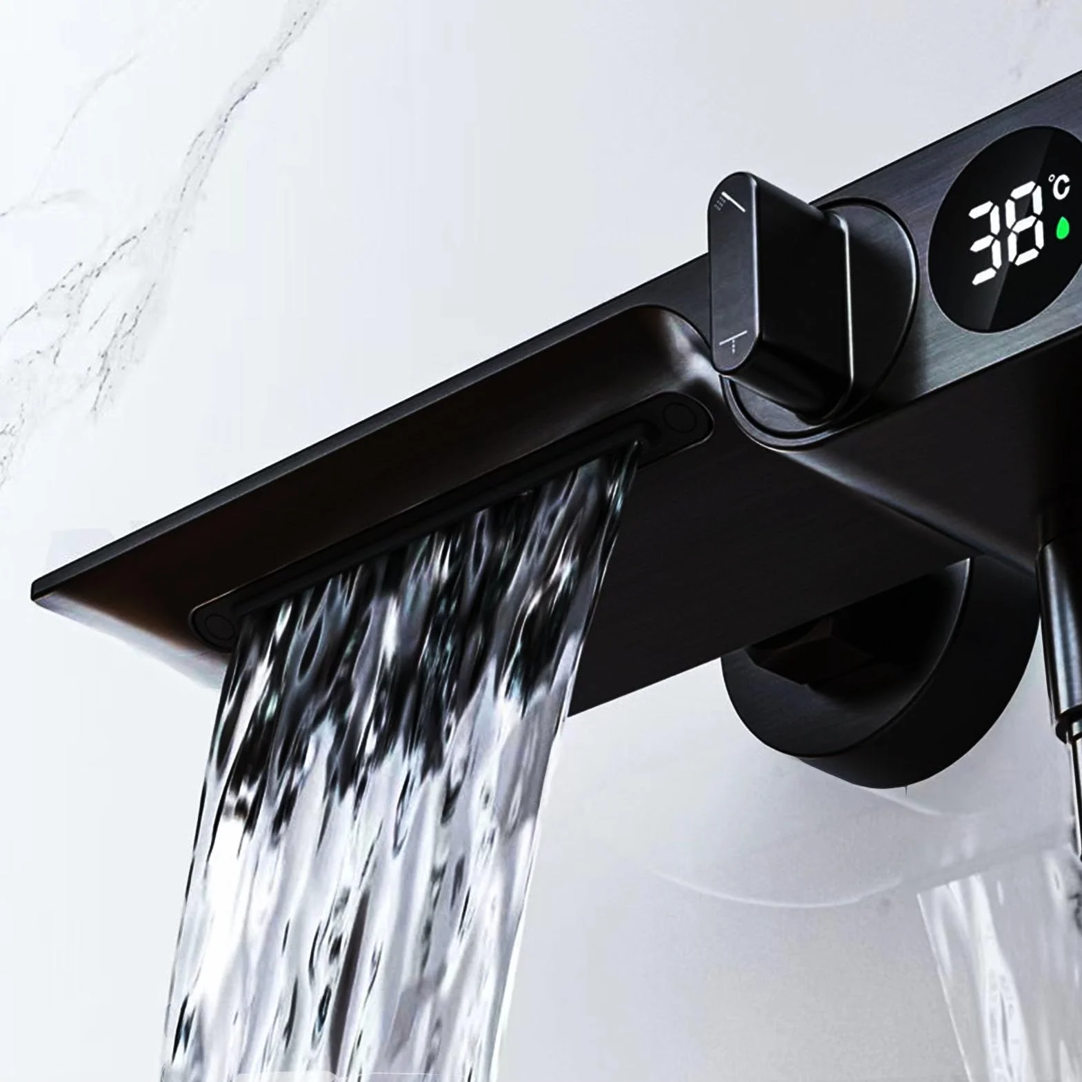 Bateria wannowa z wodospadem, bateria wannowa ścienna Mosiądz, bateria wannowa z prysznicem ręcznym, wyświetlacz temperatury, bateria prysznicowa w łazience,Black