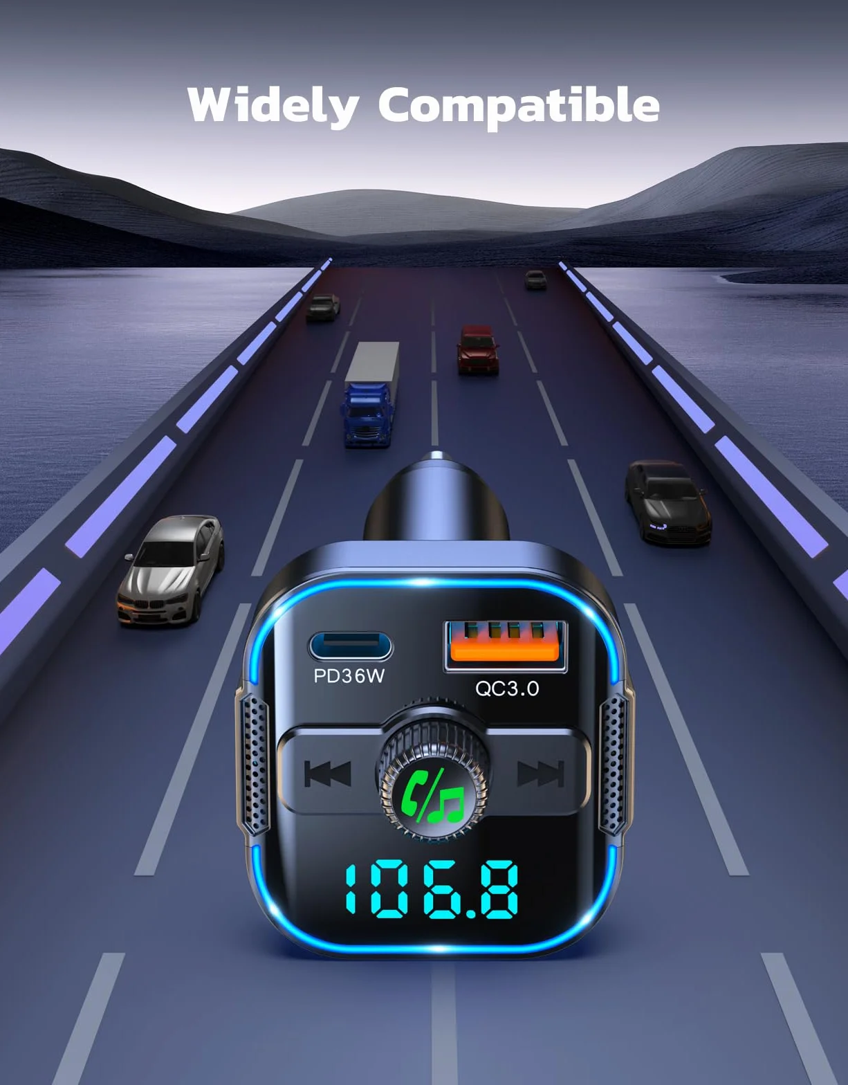 Glangeh adapter samochodowy Bluetooth 5.3 FM 2 w 1 szybka ładowarka 36W