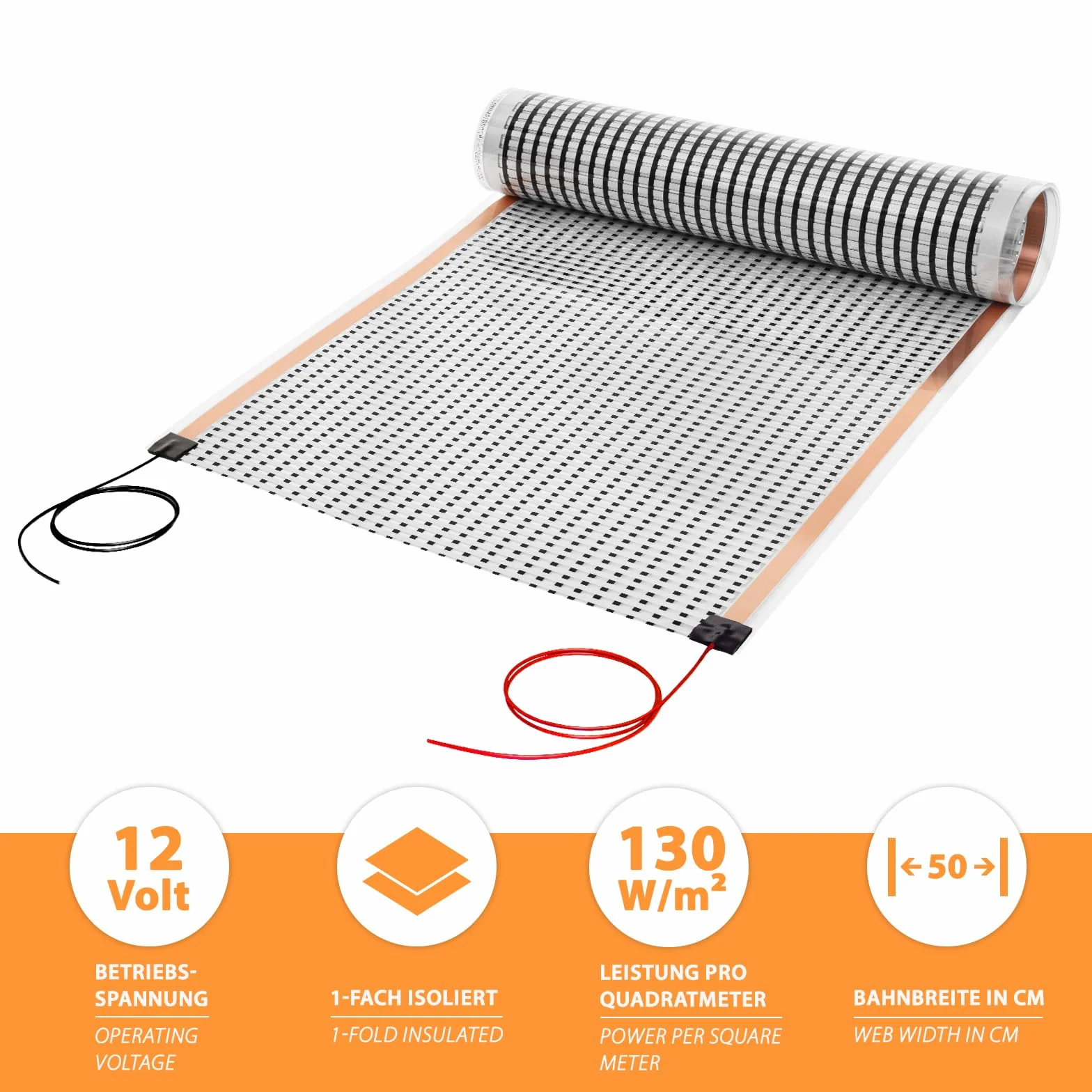 Folia termiczna do desek – folia grzewcza na podczerwień 12 V, niskie napięcie AC/DC 0,5 x 3,0 m 130 W/m², elektryczne ogrzewanie podłogowe w przyczepie kempingowej, kamperze