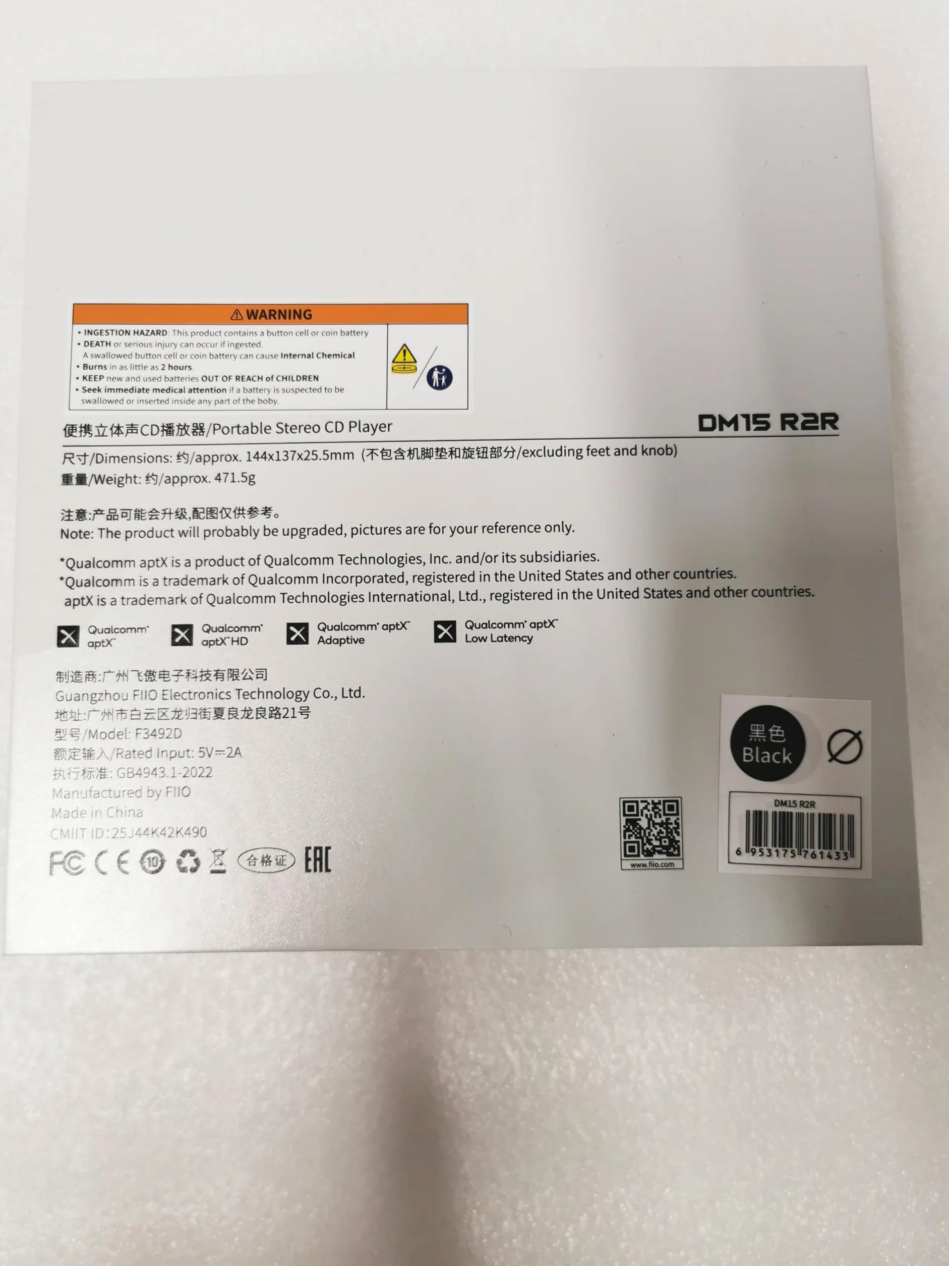 FiiO DM15 przenośny odtwarzacz stereo CD z 24-bitowym DAC R2R, 1150mW, Bluetooth aptX, HiFi Audio