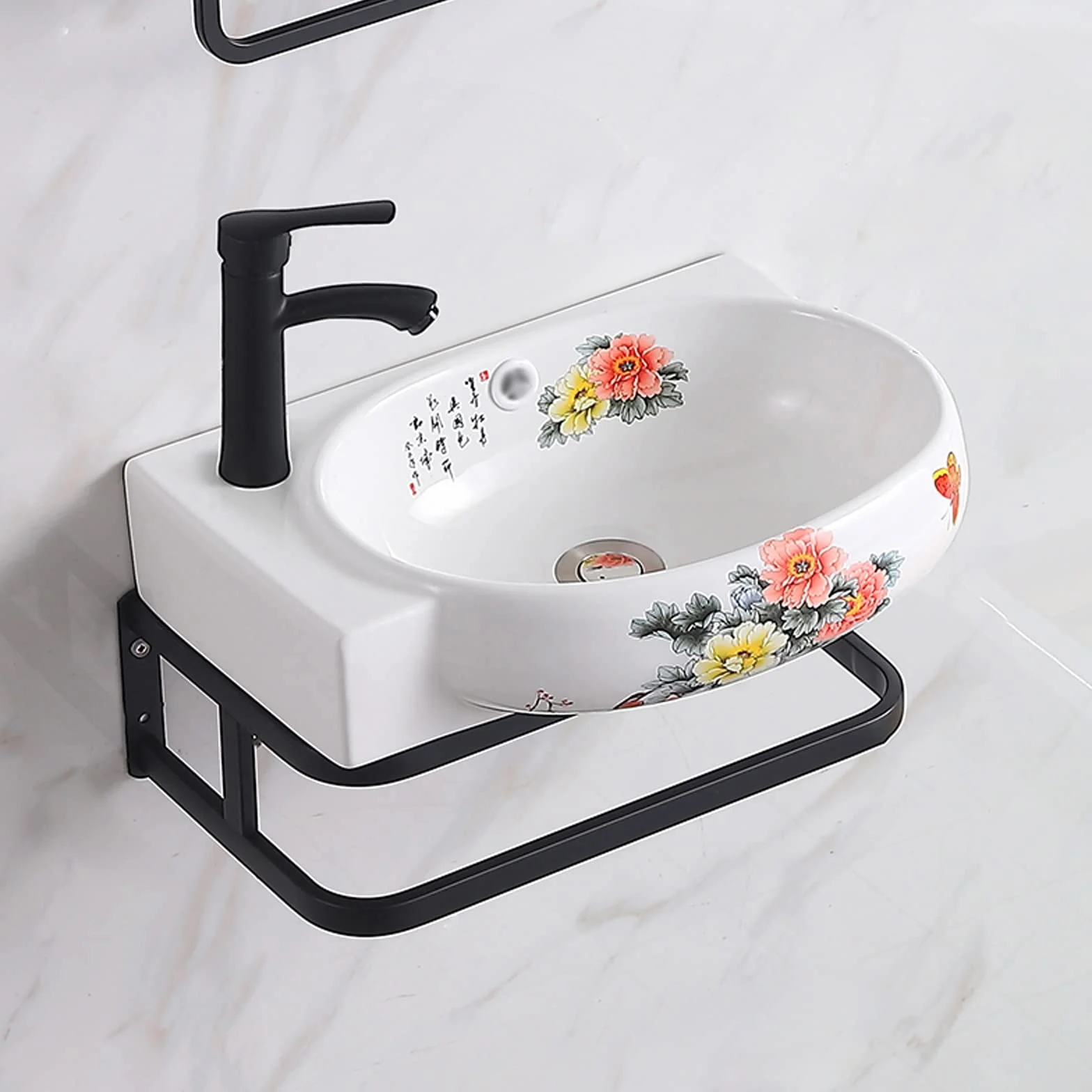 Umywalka łazienkowa wisząca wisząca umywalka mała umywalka do szafy, ceramiczna owalna z czarnym kranem i metalowym uchwytem, wzór kwiatów chińskiej piwonii blatu(mały)