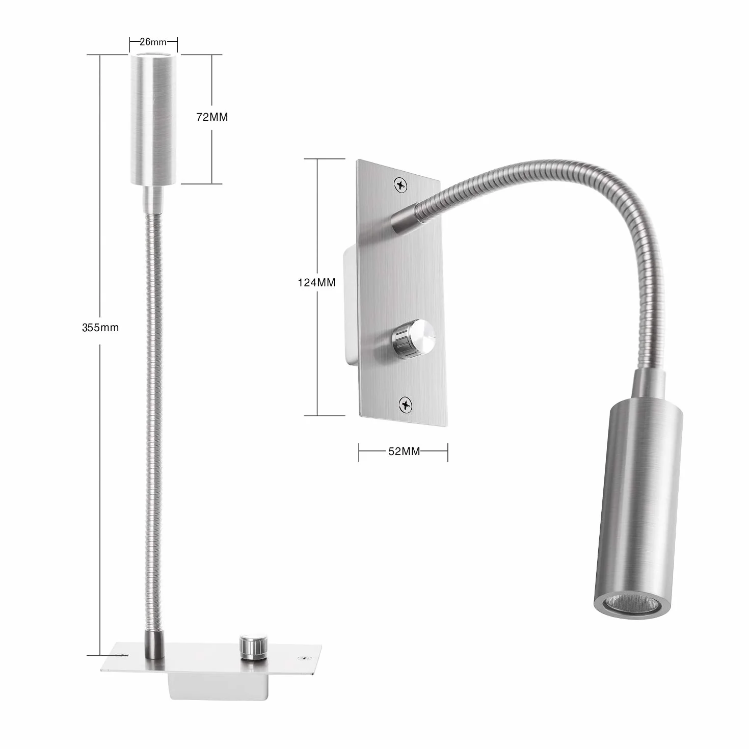 Meanyee Lampa ścienna do czytania zagłówek lampka nocna z przełącznikiem obrotowym/bezstopniowe ściemnianie/regulowane ramię/osadzone/szczotkowany nikiel/ciepła biel 3000 K Cree LED/MY-WN065