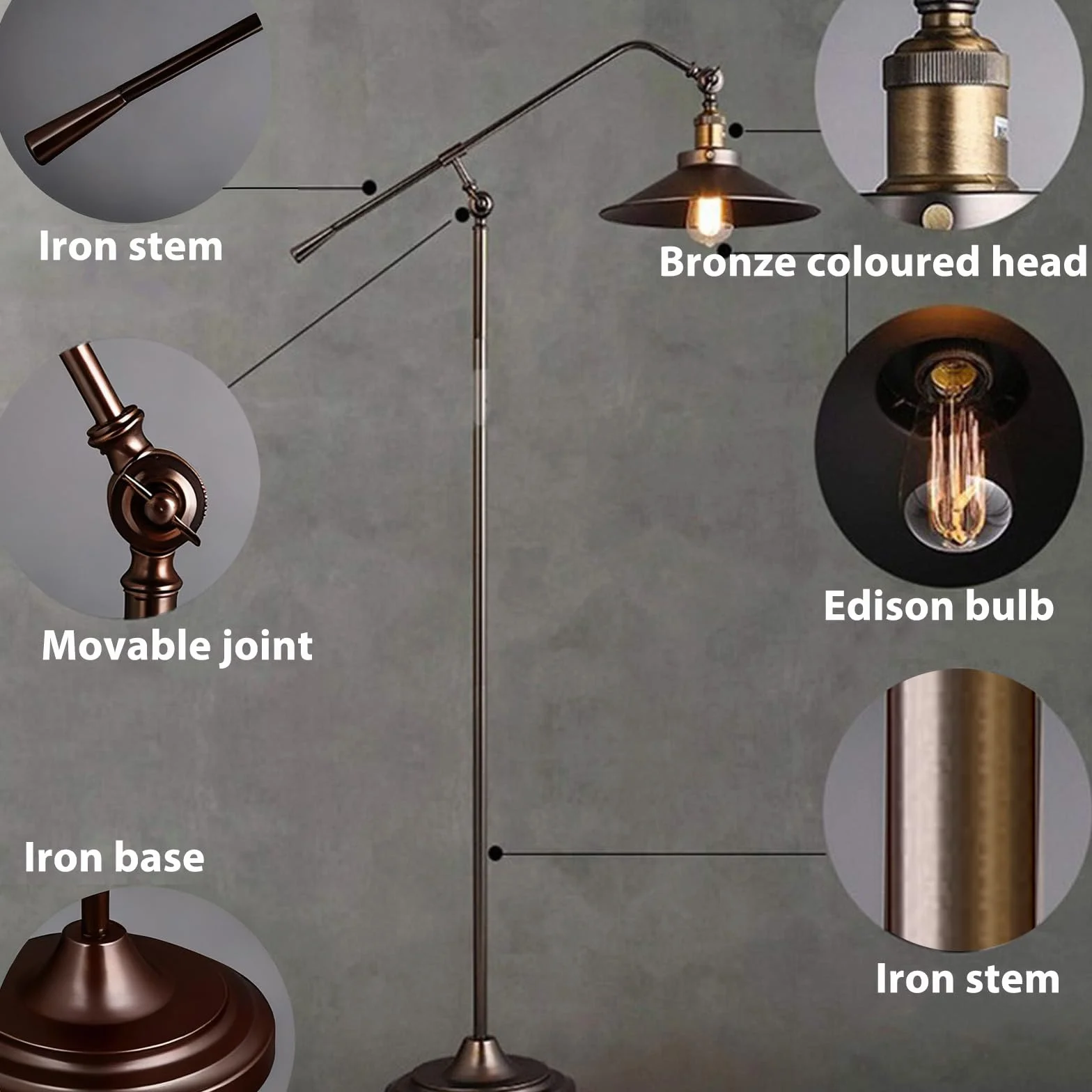 Lampa podłogowa do salonu, regulowana lampa stojąca w stylu industrialnym, gniazdo E27, kabel 2,7 m i przełącznik nożny, do sypialni biura