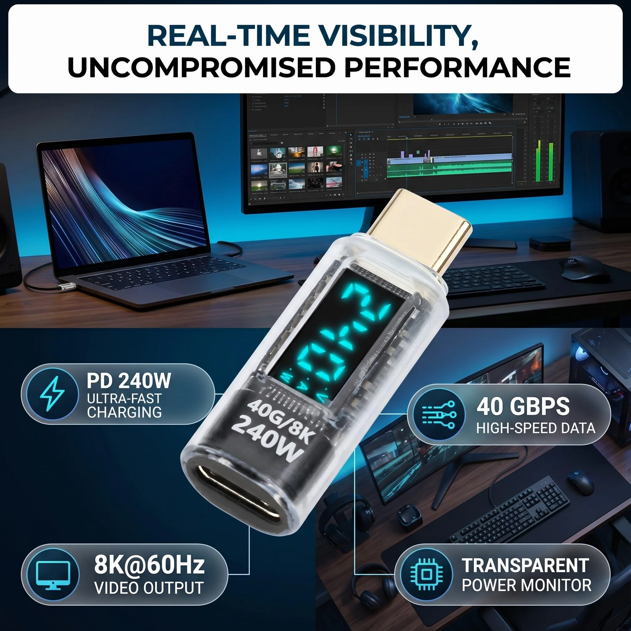Tester Miernika Mocy Adaptera USB C PD240W 60 Hz 40 Gb/s 8K Wykryj Napięcie Prądu