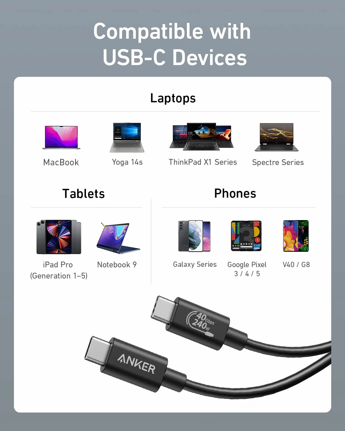 Anker kabel USB C 1 m 240 W USB 4 40 Gb/s 8K HD zgodny z Thunderbolt 4/3 dla iPhone 17 MacBook Hub Docking