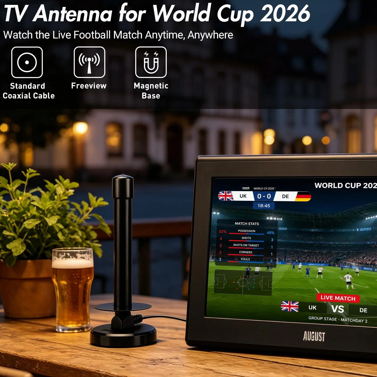 Antena telewizyjna na zewnątrz/wewnątrz - August DTA250 - DVB-T2 Freeview HD antena telewizyjna do tunera telewizyjnego/przenośnego telewizora/telewizora 4K / radia DAB/dekodera w domu w
