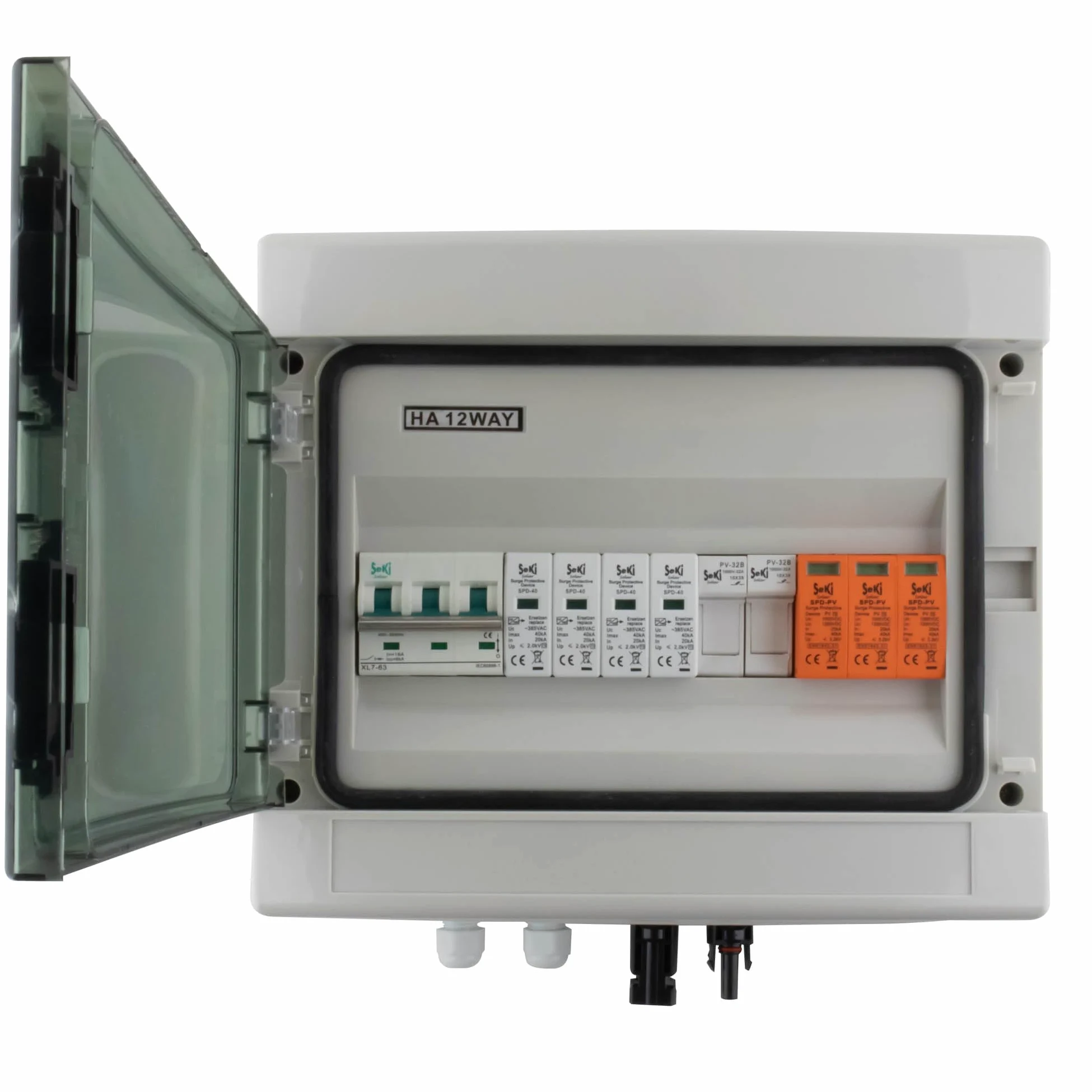 SeKi AC/DC 1 łańcuch 3P DC, 4P AC T2 skrzynka przyłączeniowa solarna ochrona przed przepięciem/ochrona odgromowa 32 A 1000 V; obudowa natynkowa IP65 12 modułów; fotowoltaika PV