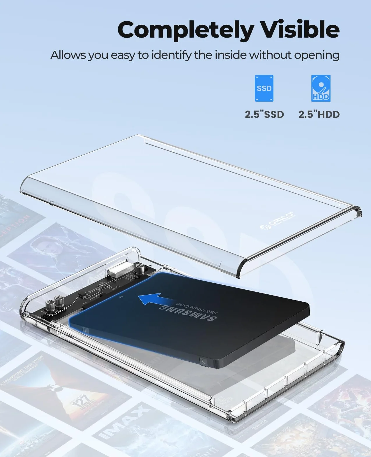 ORICO 2139U3 Obudowa dysku twardego 2,5”, USB 3.0 na SATA 3.0, zewnętrzna obudowa do SATA HDD i SSD 2,5” 7 mm i 9,5 mm, bez narzędzi, przyspieszenie UASP (kolor: przezroczysty)