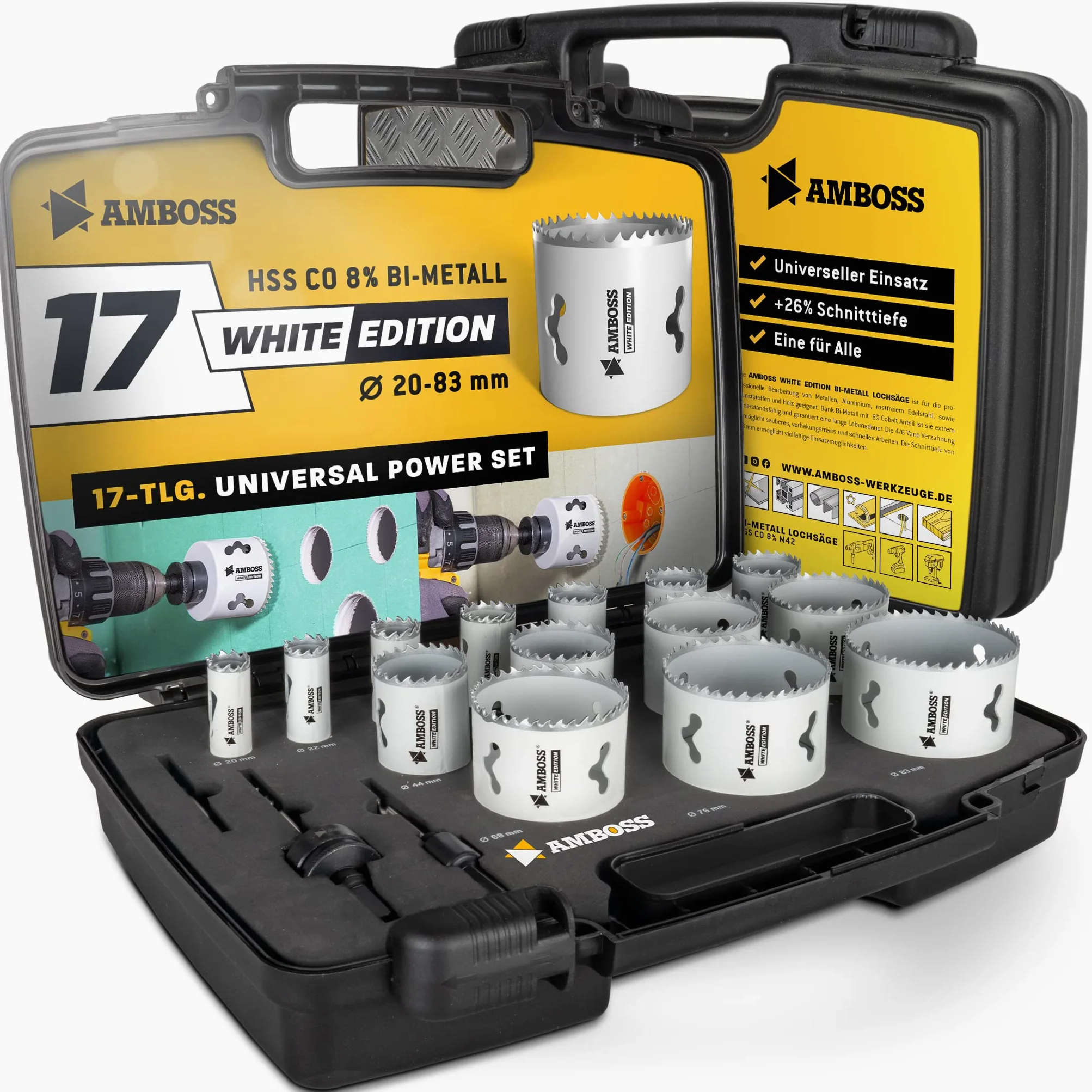 AMBOSS 17 bi-metalowych otwornic otwornicowych M 42, 19-83 mm, do aluminium, stali, płyt gipsowo-kartonowych, drewna itd. – White Edition 17 Universal Power Set