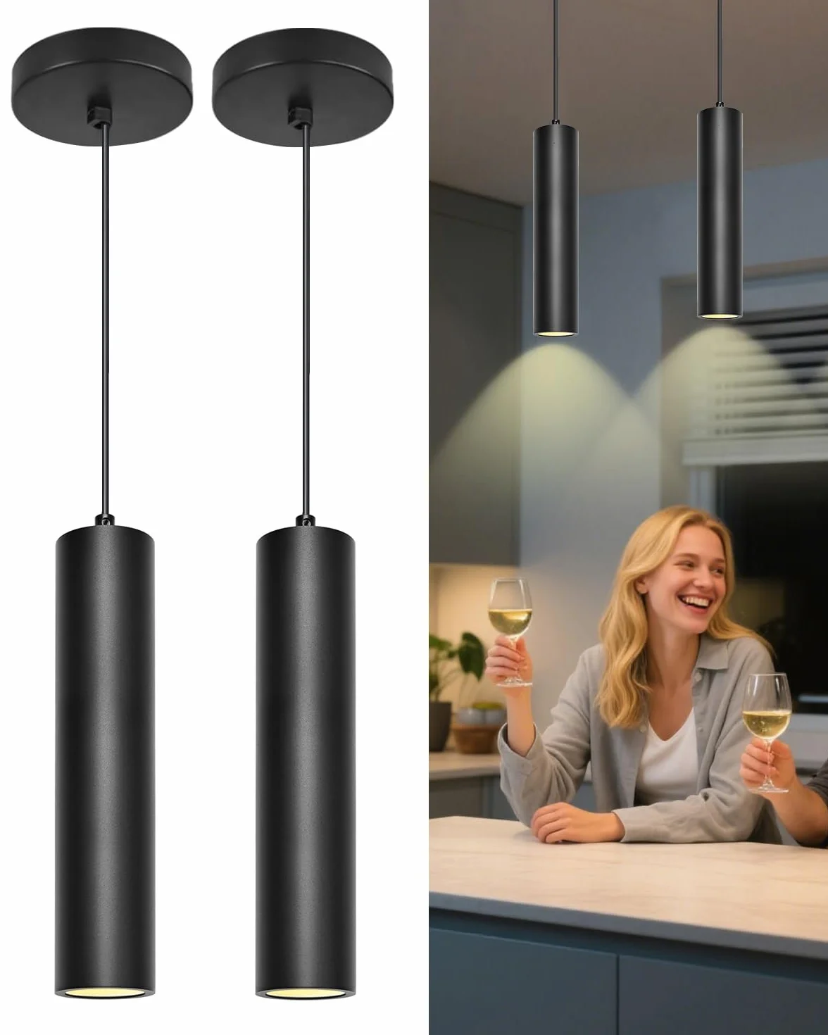 ACMHNC Lampa Wisząca LED, Zestaw 2 Sztuk Nowoczesnych Lamp Sufitowych GU10 do Kuchni i Sypialni, 10W 3000/4000/6000K, Czarny Żyrandol Cylindryczny 30cm