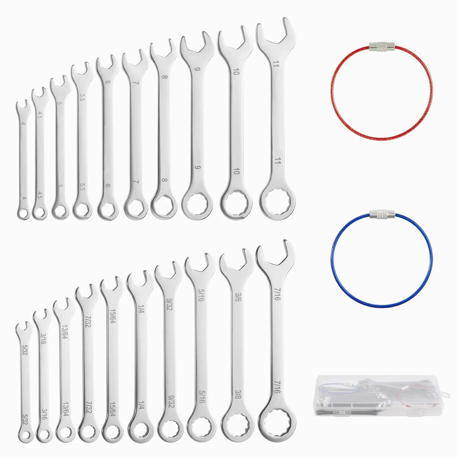 20 szt. ultracienkich metrycznych mini kluczy płasko-oczkowych SAE – 4 mm-11 mm i 5/81.3 cm-7/40.6 cm ze stali nierdzewnej z 2 szt. gumowanych stalowych zamków kablowych i etui do