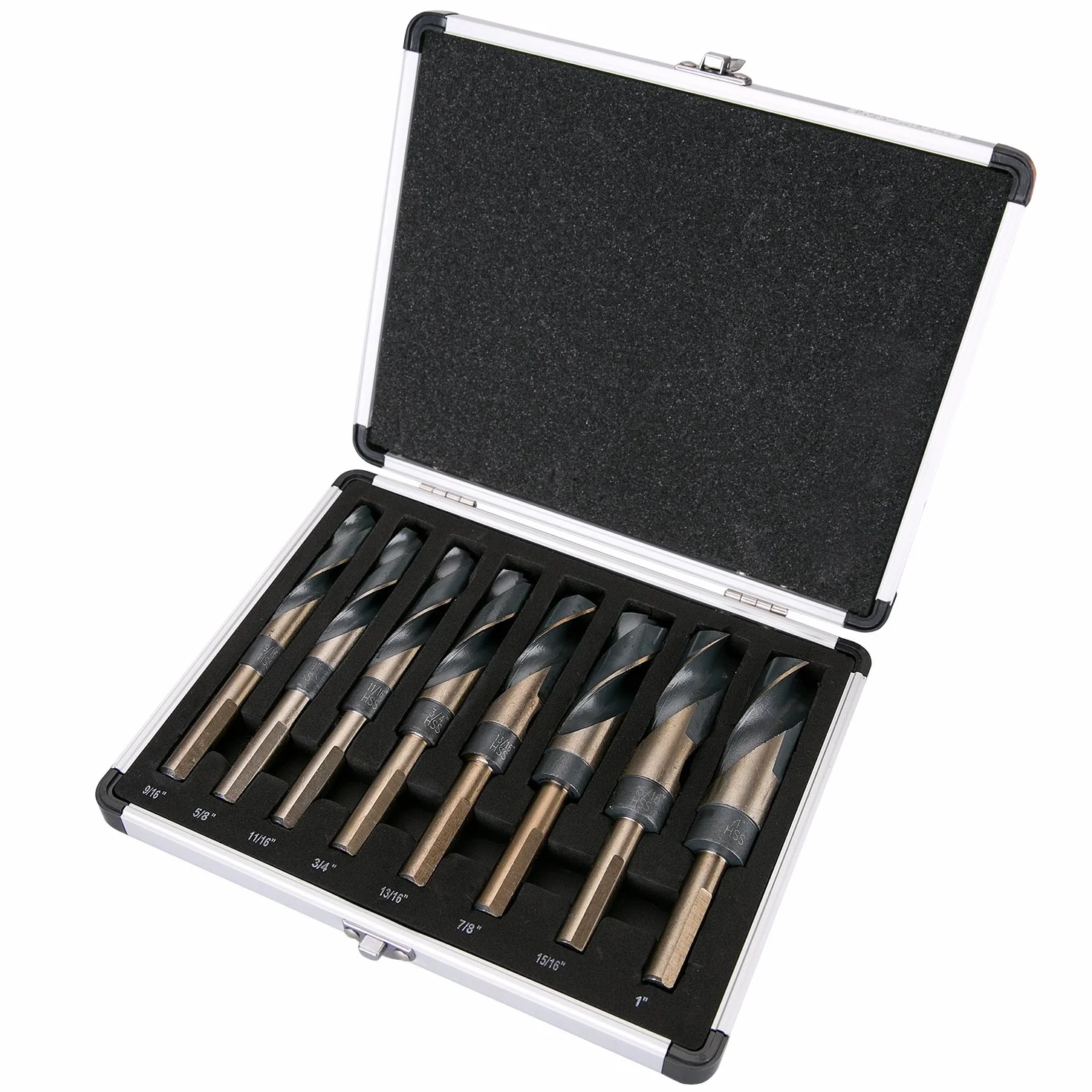 EFFICERE 8-częściowy zestaw wierteł 1/5.1 cm z chwytem srebrnym i Deming w aluminiowej walizce transportowej, stal szybkotnąca (HSS) | SAE rozmiar 9/40.6 cm - 2.5 cm na 1/16 przyrost