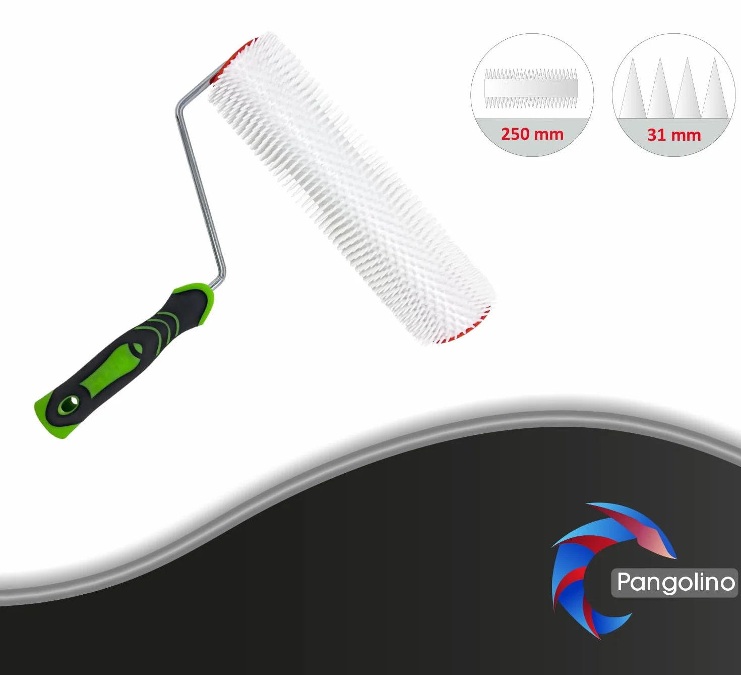 Pangolino Rolka odpowietrzająca, 25 cm, metalowy pałąk na jedno ramię, długość szczytu : 31 mm, profesjonalna jakość, rolka z wypustkami do wentylacji wykładzin podłogowych