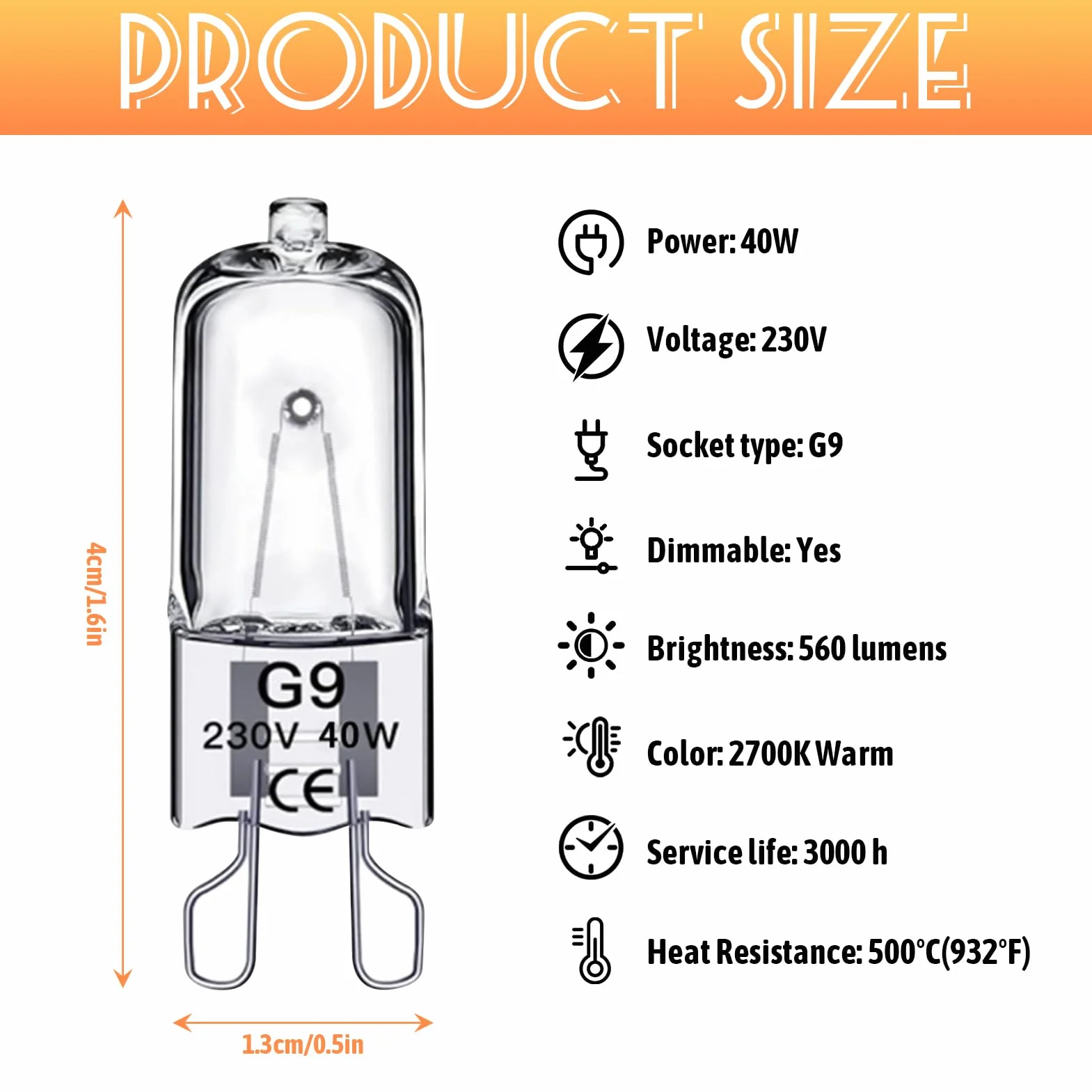 G9 lampa do piekarnika 40 W, halogenowa ściemniana 500 stopni, 230 V, 500 °C, odporna na wysoką temperaturę, ciepła biel, 2700 K, do piekarnika, lodówki, kuchenki mikrofalowej, okapu