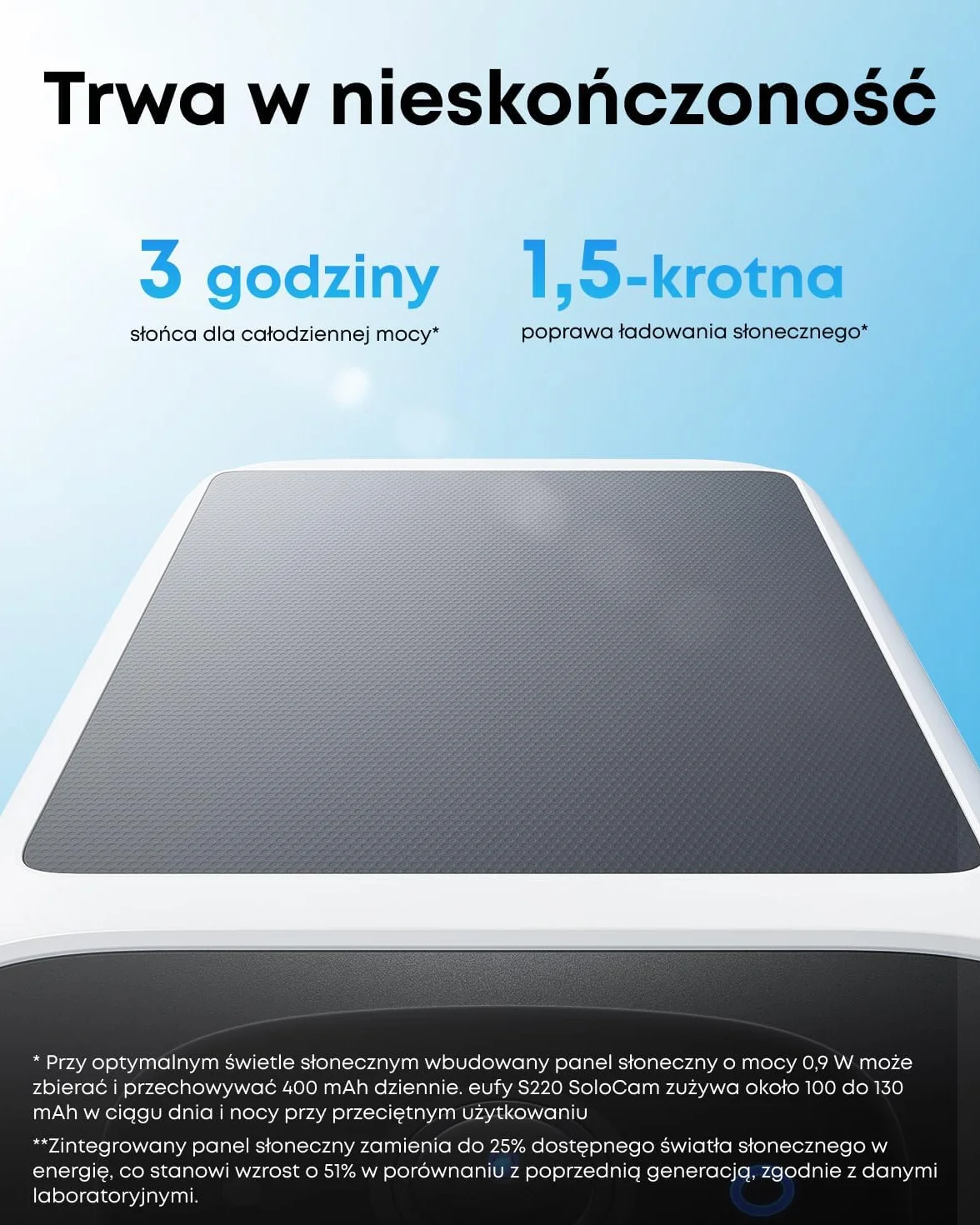 eufy Security SoloCam S220 Bezprzewodowa Kamera Zewnętrzna Zasilana Energią Słoneczną 2K Wi-Fi 2,4 GHz
