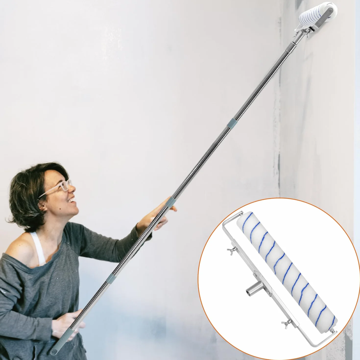 QWORK® Duży zestaw wałków malarskich 45 cm – zawiera 6 rolek + regulowana rama + odłączany pręt do 170 cm + duża taca na farbę, kompletny zestaw do malowania ścian i sufitów