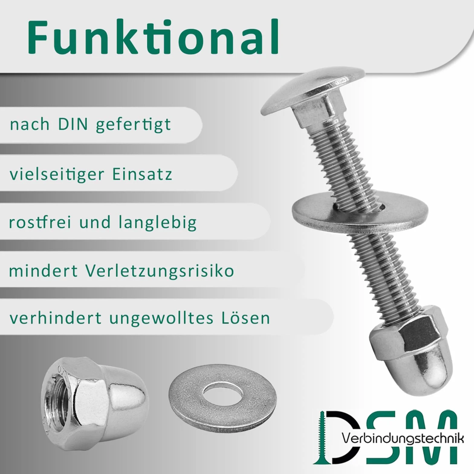 DSM – śruby zamkowe M12 x 35 mm zgodnie z normą DIN 603 – M12 nakrętka nakrętka DIN 1587 i podkładka DIN 9021 – stal nierdzewna A2/V2A – pełny gwint – śruby z łbem płaskim z nasadką czworokątną – 100