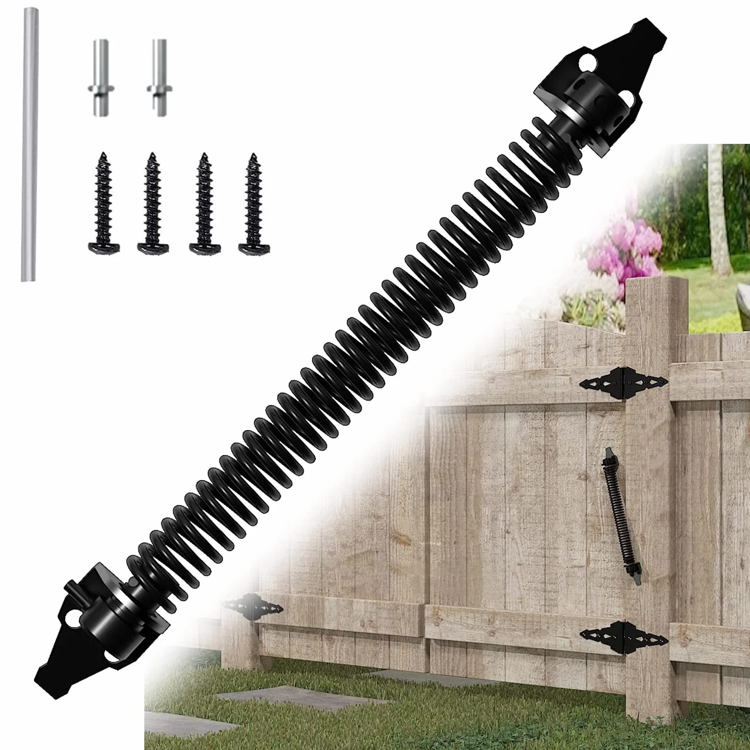 36 cm automatyczny samozamykacz, sprężyna napinająca, stal węglowa, czarna, powlekana tworzywem sztucznym, do bram ogrodowych, do użytku wewnątrz i na zewnątrz